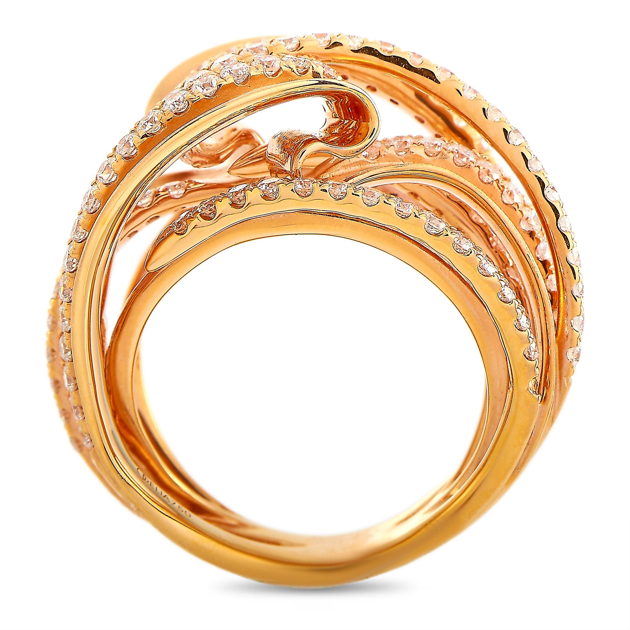 This LB Exclusive ring is made of 18K rose gold and embellished with diamonds that amount to 1.65 carats. The ring weighs 13.5 grams and boasts band thickness of 9 mm and top height of 7 mm, while top dimensions measure 19 by 20 mm.
 
 Offered in
