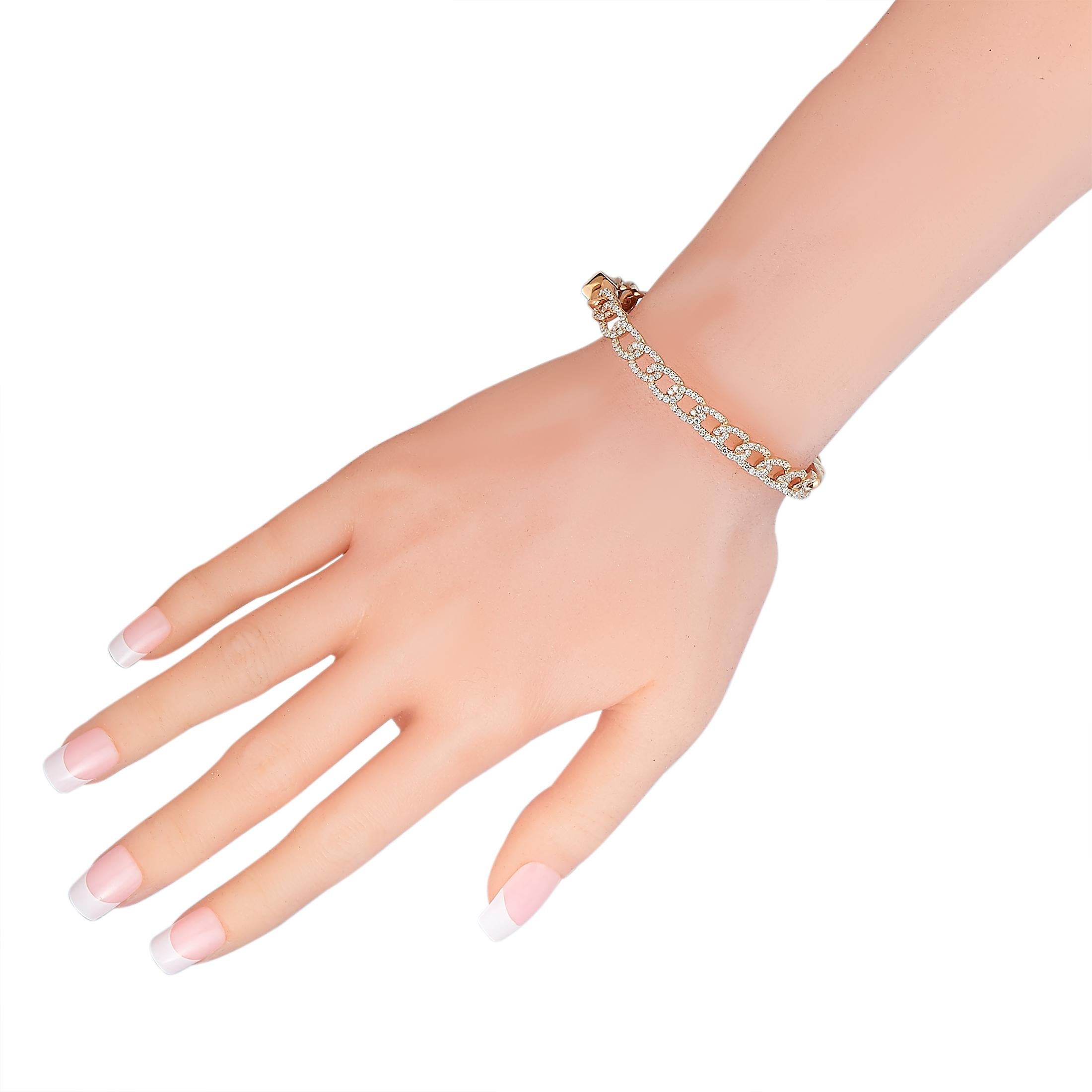 This LB Exclusive bracelet is made of 18K rose gold and set with diamonds that amount to 1.75 carats. The bracelet weighs 20.9 grams and measures 7” in length.

Offered in brand new condition, this jewelry piece includes a gift box.