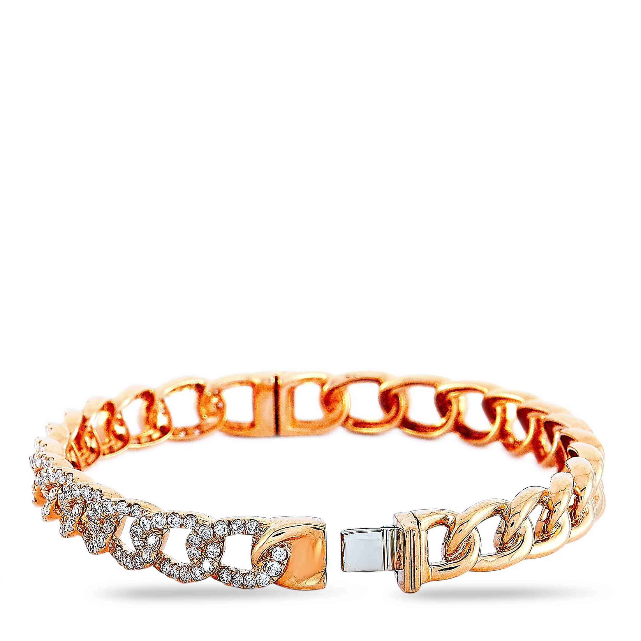 Round Cut LB Exclusive 18 Karat Rose Gold 1.75 Carat Diamond Chain Bangle Bracelet