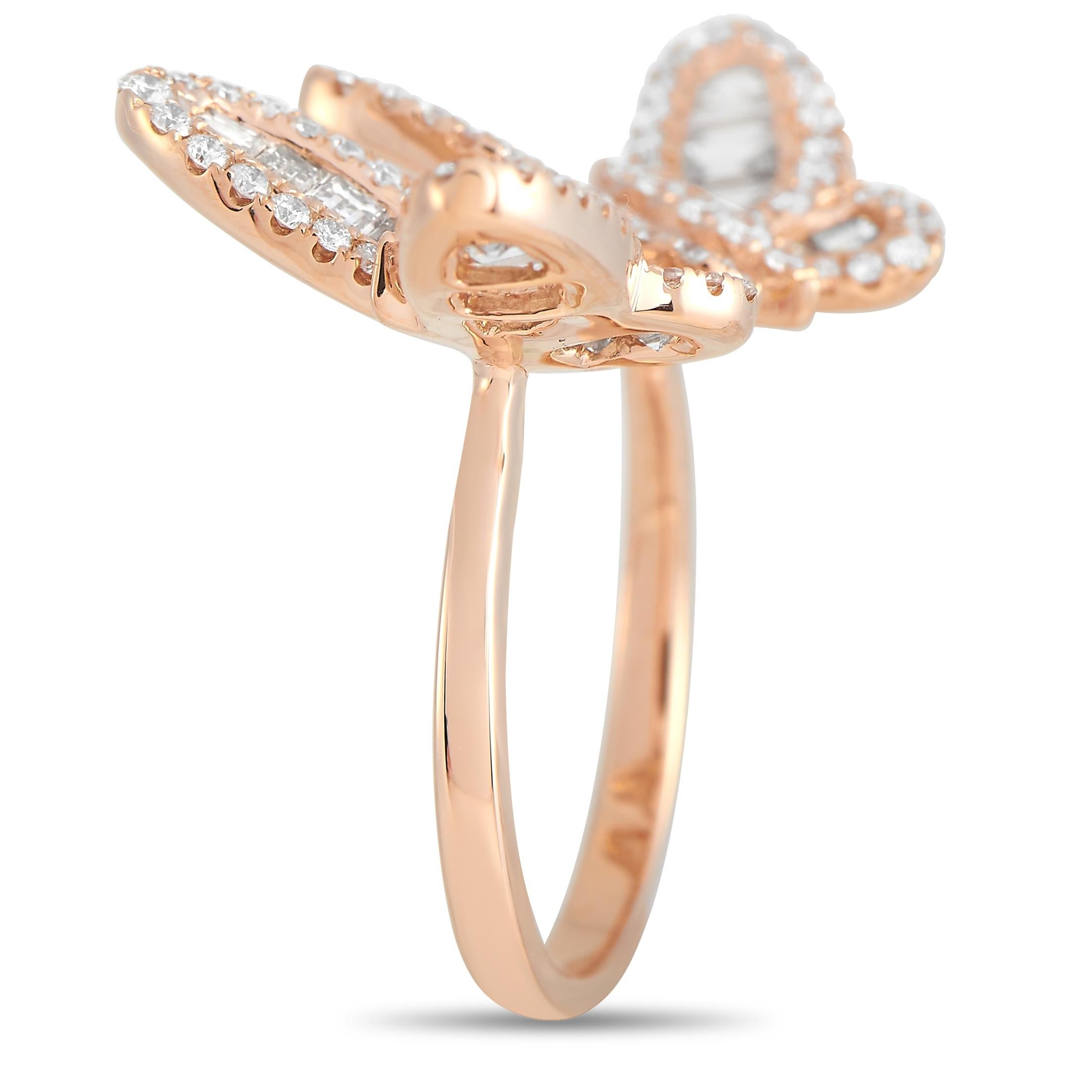 This unique LB Exclusive ring is made with 18K rose gold and wraps around the finger, meeting in the front with two pretty butterflies, each set with 0.74 carats of round diamonds to form the butterflies body and outline the wings. The wings are