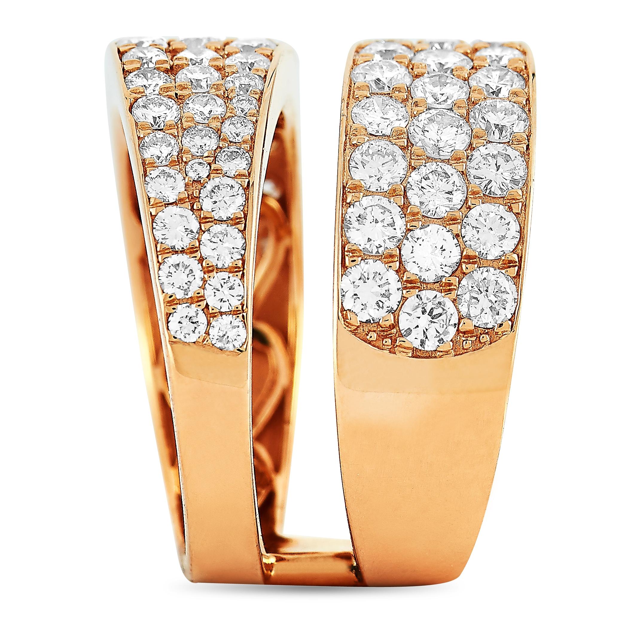 This LB Exclusive ring is made of 18K rose gold and embellished with diamonds that amount to 2.50 carats. The ring weighs 9.4 grams and boasts band thickness of 10 mm and top height of 2 mm, while top dimensions measure 20 by 15 mm.
 
 Offered in