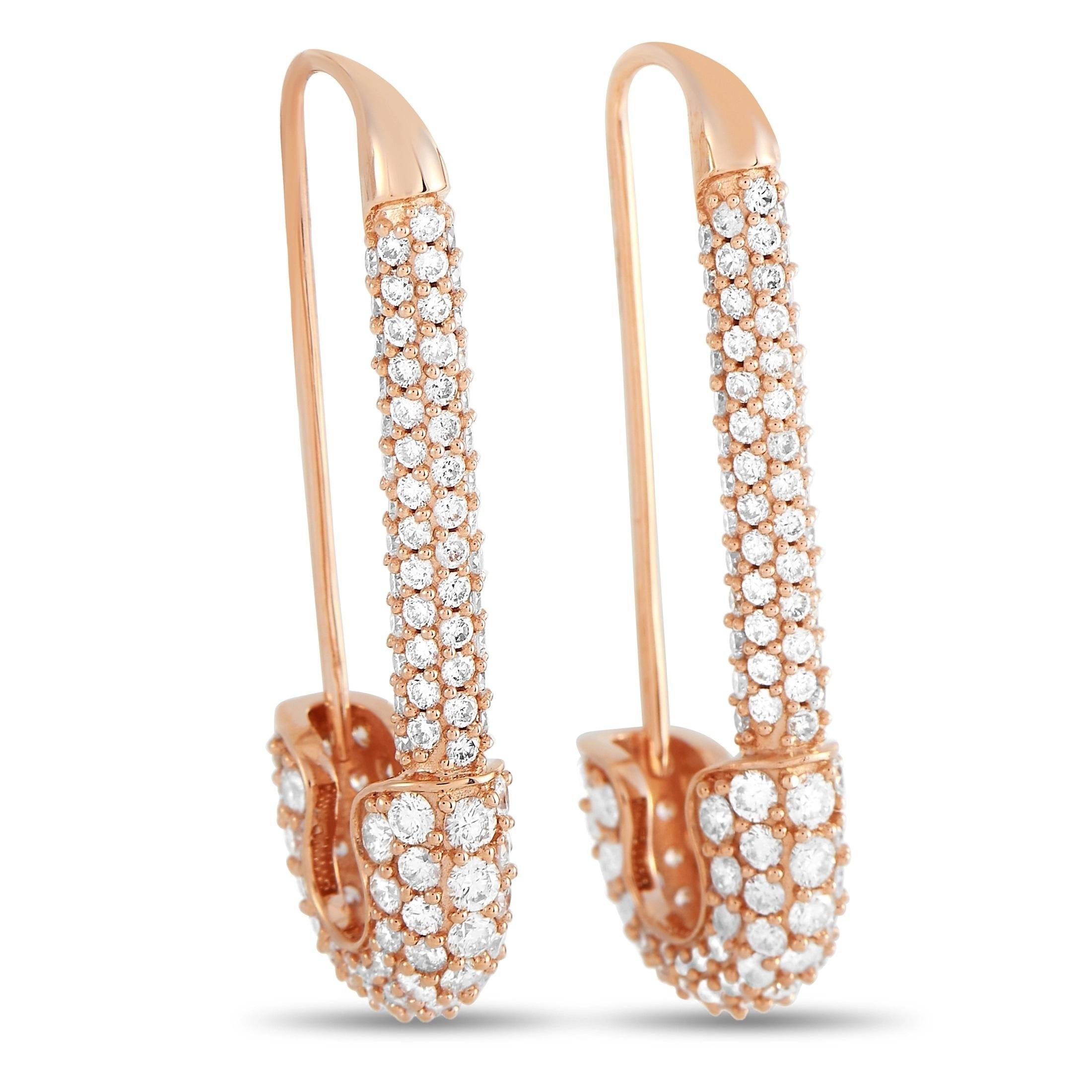 A unique safety pin shape adds charm to these luxury earrings. Crafted from 18K Rose Gold, they sparkle and shine thanks to inset diamonds with a total weight of 3.25 carats. They measure 1.37” long, 0.55” wide, and will earn you plenty of
