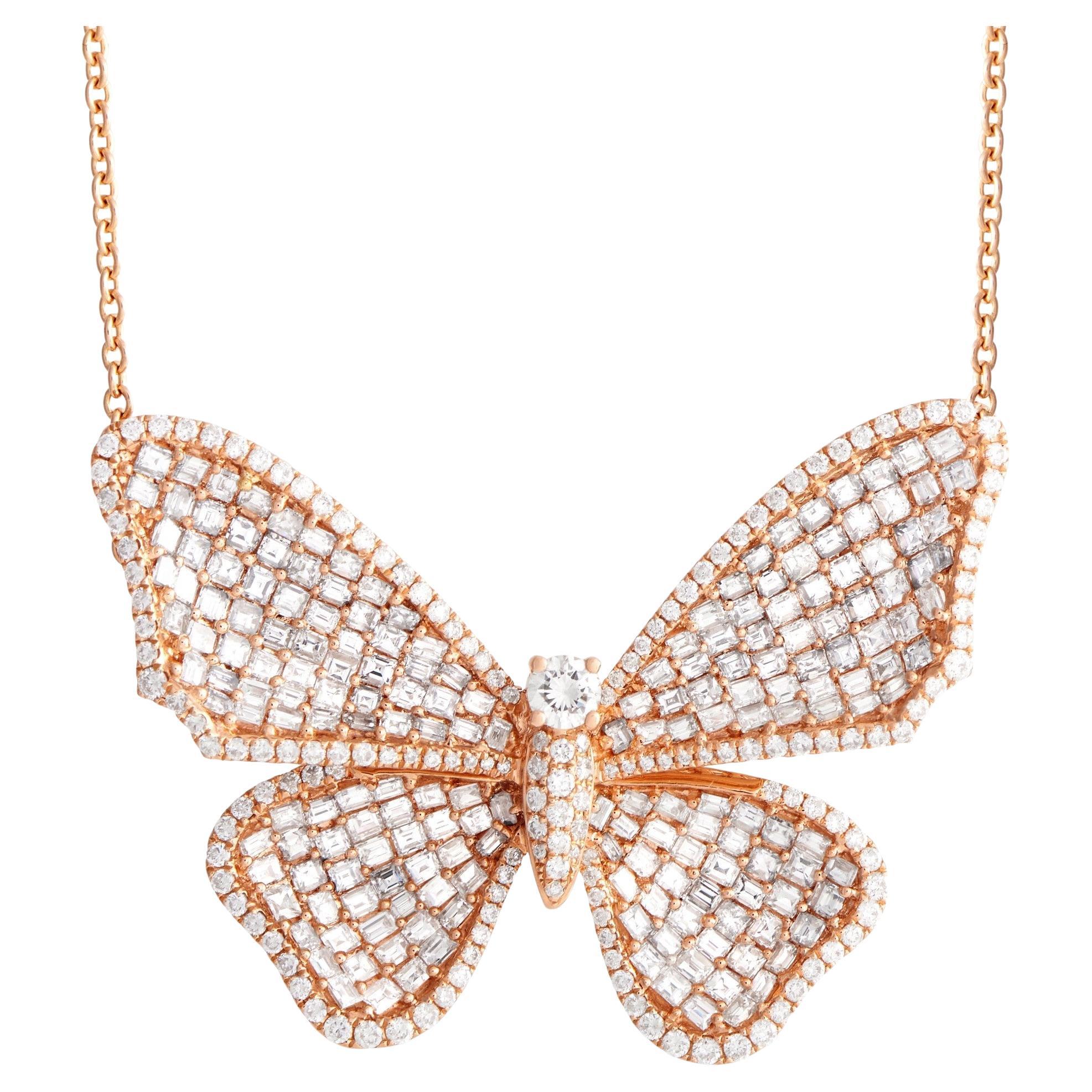 LB Exclusive 18K Rose Gold 0.86 Ct Diamond Butterfly Necklace For Sale