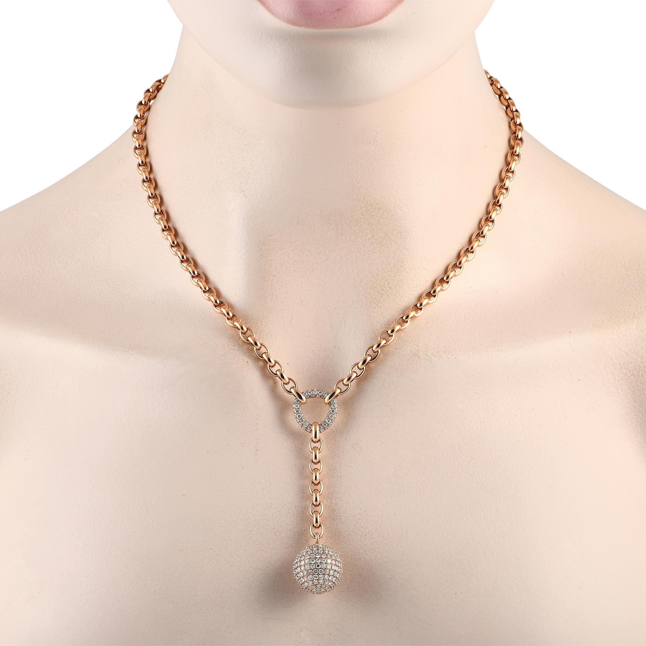 This luxurious 18K Rose Gold necklace is meant to make a statement. A bold chain measuring 17” long provides a stunning foundation for this impeccably crafted piece, which also includes sparkling diamond accents totaling 5.40 carats. At the center,
