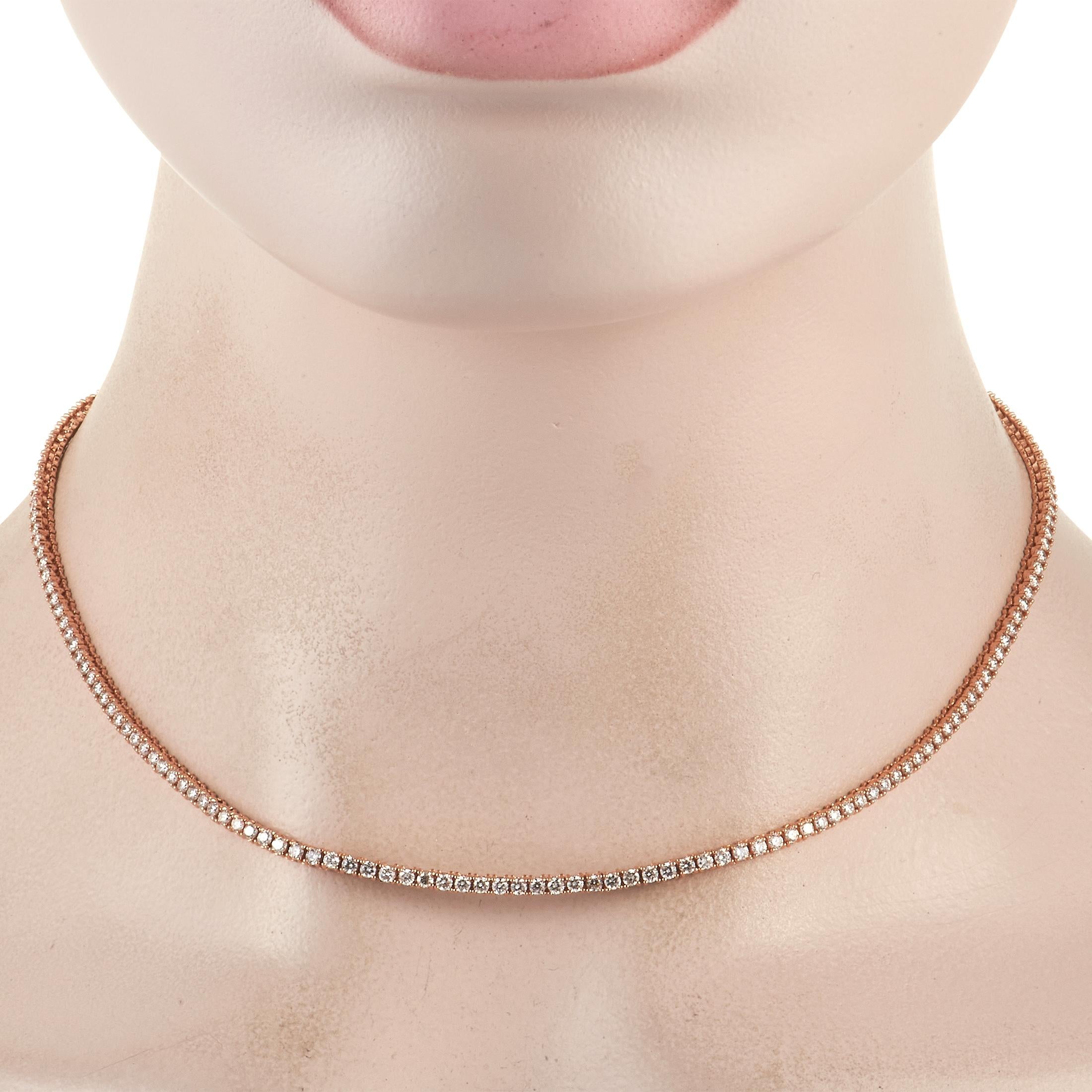 A series of sparkling diamonds with a total weight of 5.48 carats make this necklace simply unforgettable. Elegant and understated all at once, it’s crafted from opulent 18K Rose Gold and measures 16.5” long. 
 
 This jewelry piece is offered in