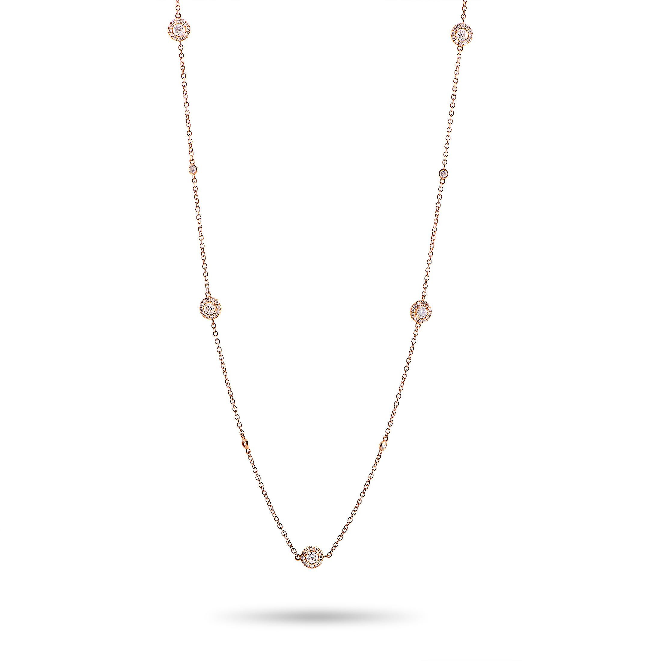 This LB Exclusive necklace is crafted from 18K rose gold and weighs 9.2 grams, measuring 40” in length. The necklace is set with diamonds that weigh 3.01 carats in total.

Offered in brand new condition, this jewelry piece includes a gift box.