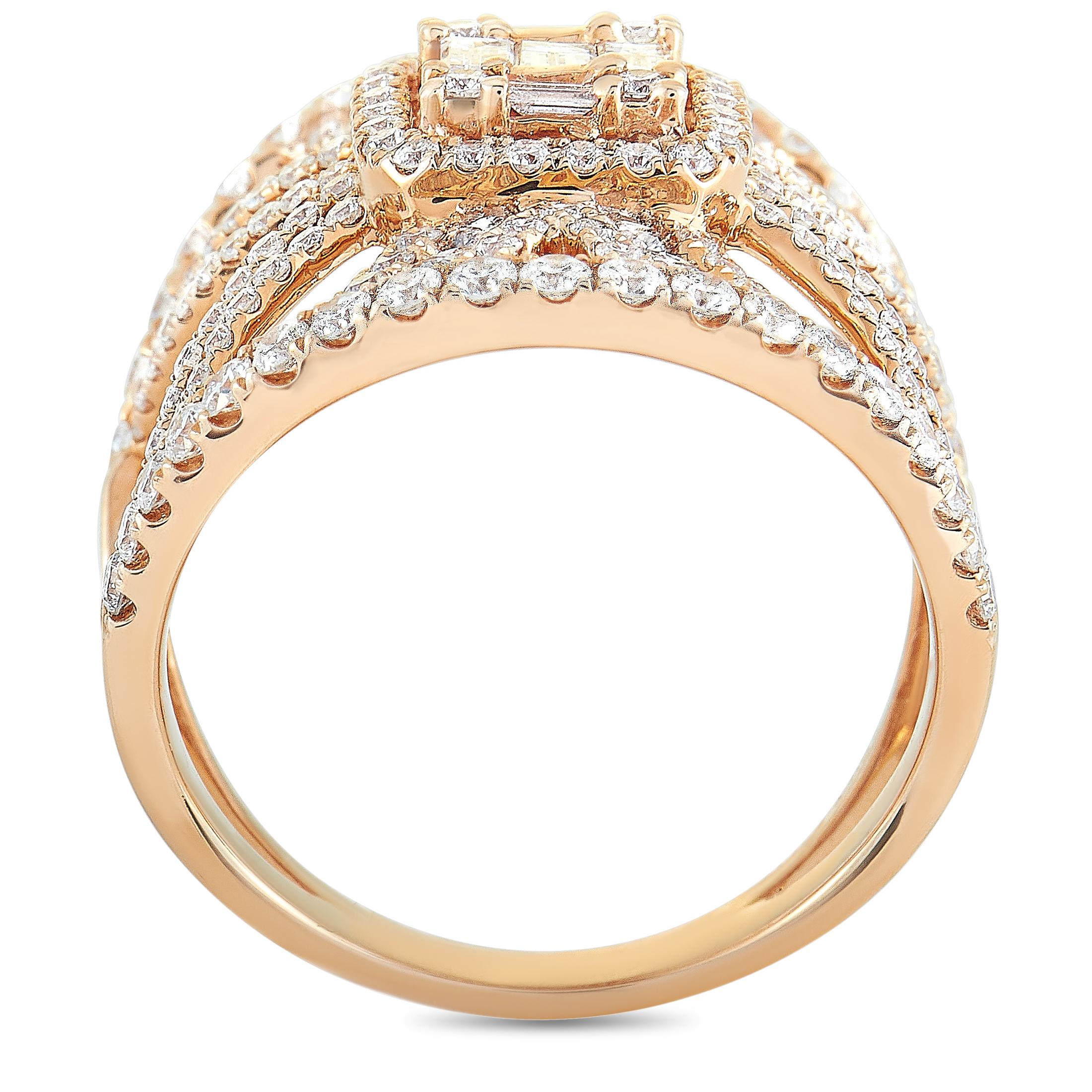 This LB Exclusive ring is crafted from 18K rose gold and set with round and baguette diamonds that total 1.70 and 0.25 carats respectively. The ring weighs 7.8 grams, boasting band thickness of 3 mm and top height of 4 mm, while top dimensions