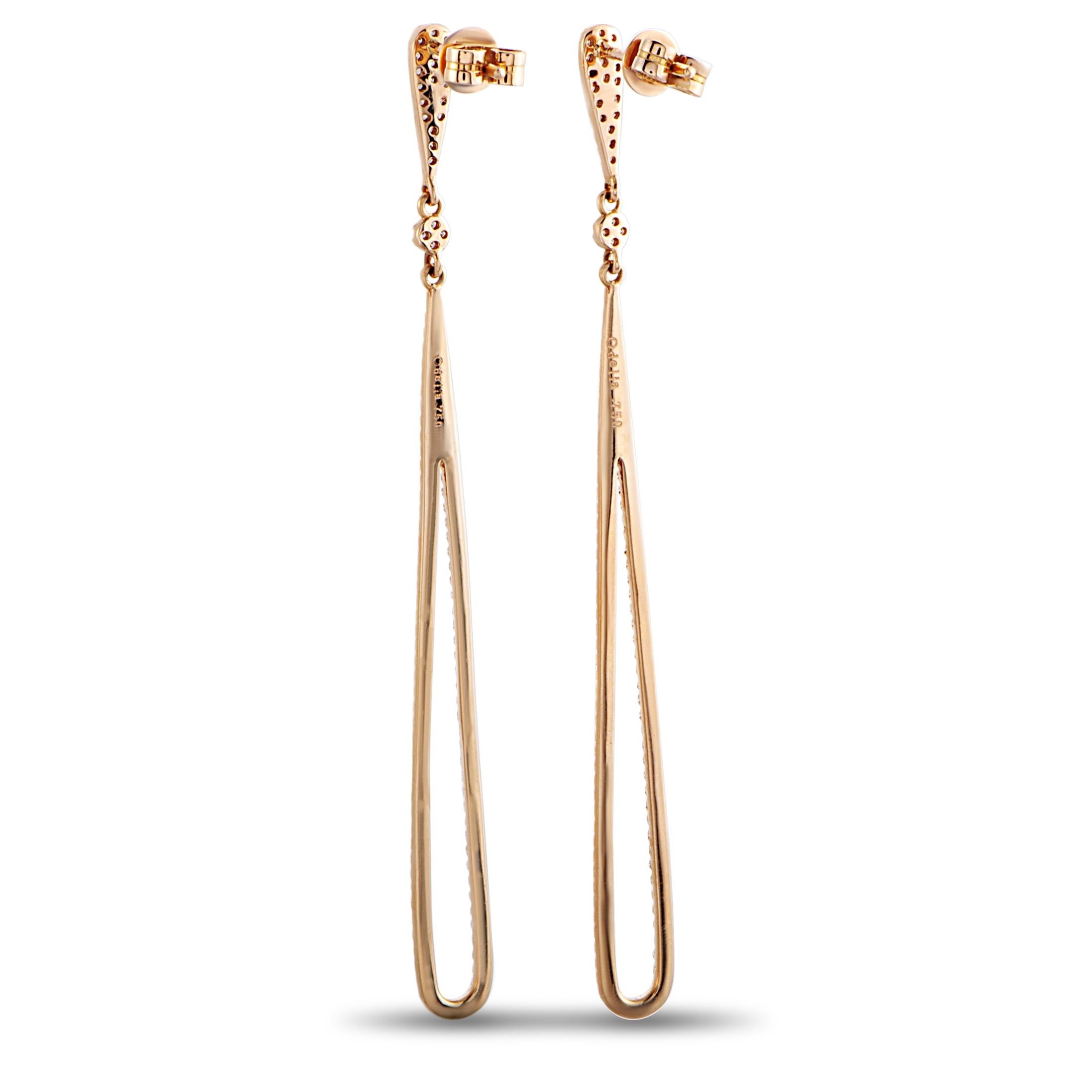 These LB Exclusive earrings are crafted from 18K rose gold and set with a total of 0.58 carats of diamonds. The earrings measure 2.75” in length and 0.25” in width and each of the two weighs 2.15 grams.
 
 Offered in brand new condition, this pair
