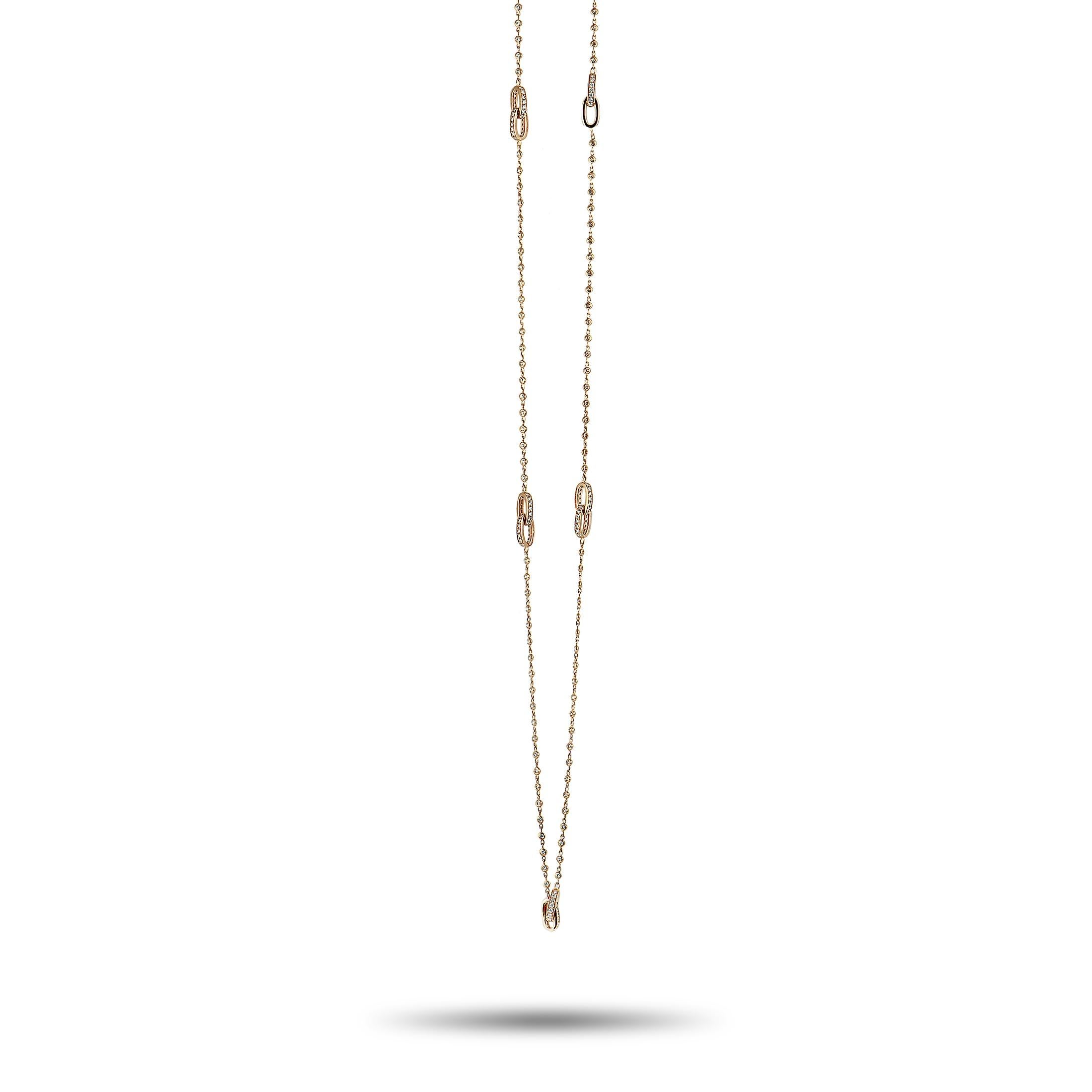 This LB Exclusive necklace is made of 18K rose gold and embellished with diamonds that total 3.90 carats. It weighs 18.3 grams and measures 30.00” in length, featuring lobster claw closure.

The necklace is offered in brand new condition and