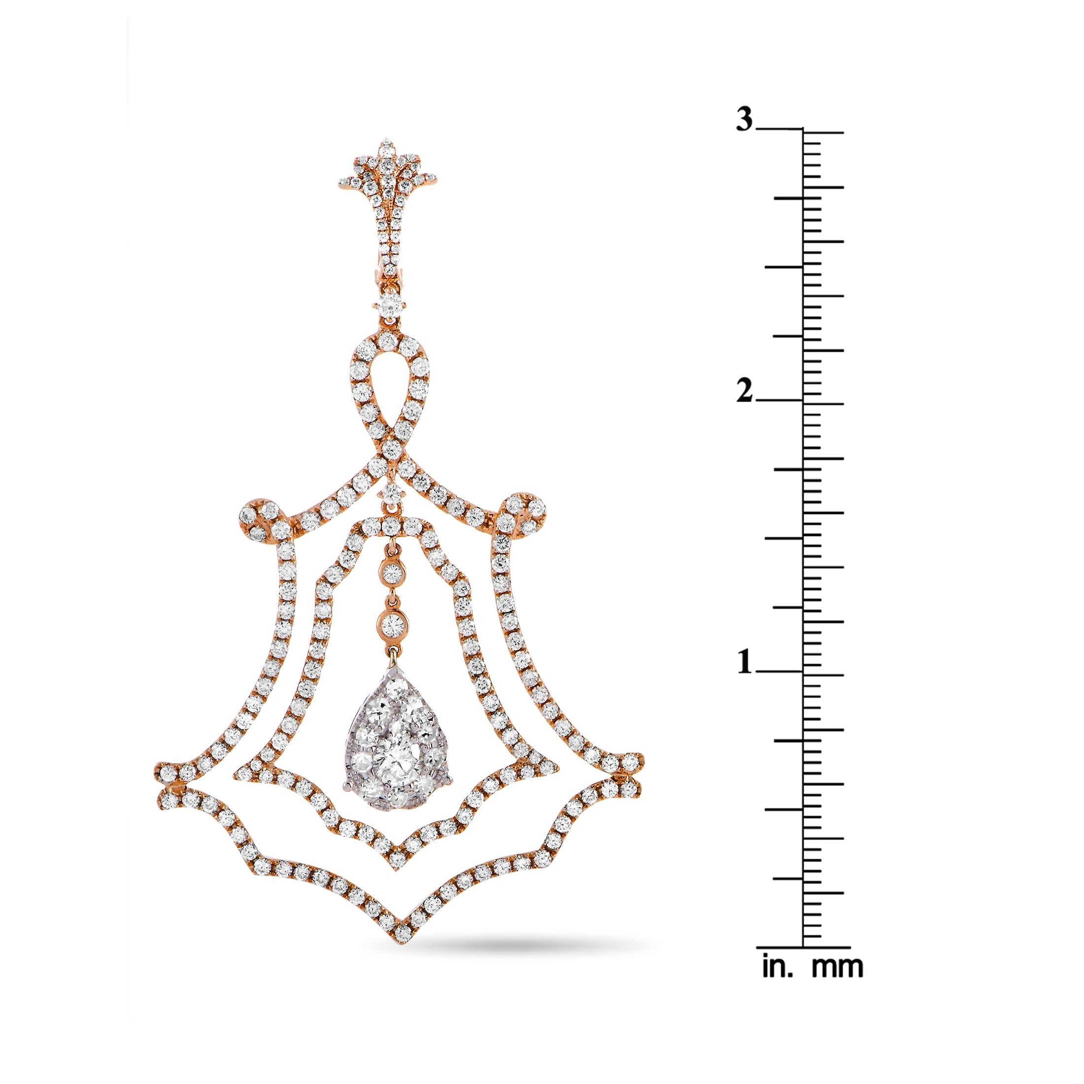 LB Exclusive 18 Karat Rose Gold Full Diamond Pave Lace Drop Earrings In New Condition In Southampton, PA