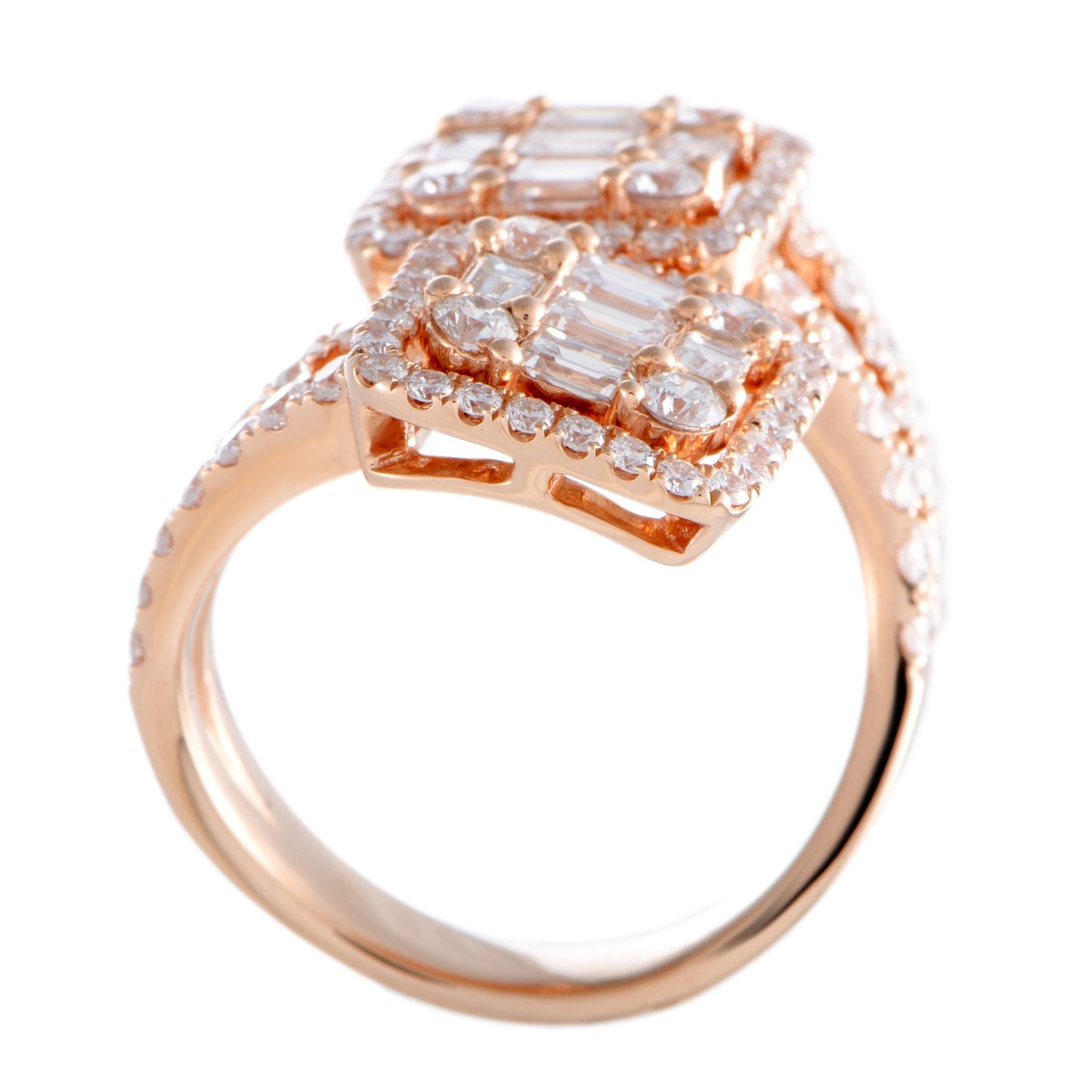 With its elegant design and glamorous diamond décor, this magnificent jewelry piece will elevate your style in a most extravagant fashion. Presented by , the ring is masterfully crafted from enchantingly radiant 18K rose gold and it weighs 8.7