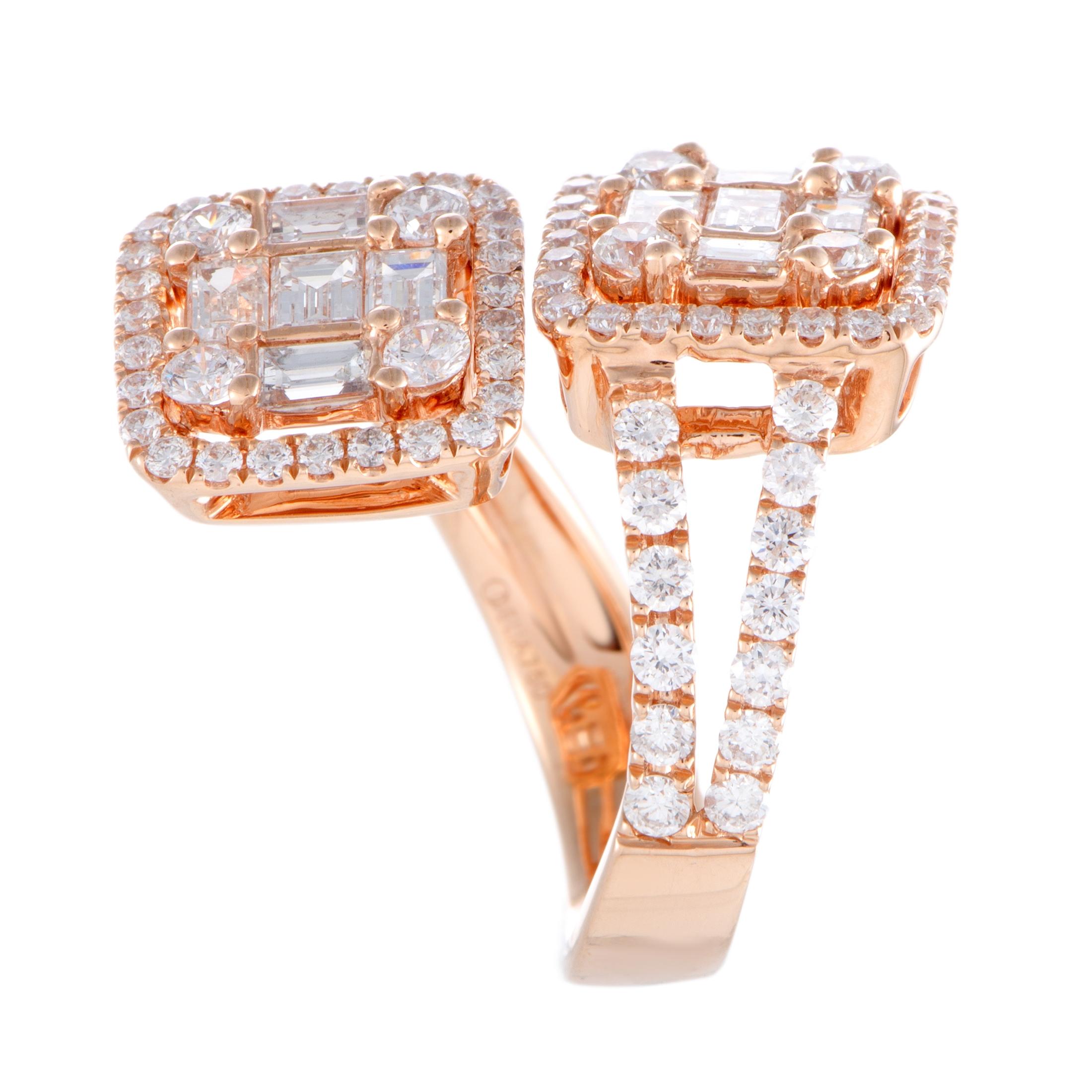 LB Exclusive 18 Karat Rose Gold Round and Baguette Diamonds 2 Square Bypass Ring In New Condition In Southampton, PA