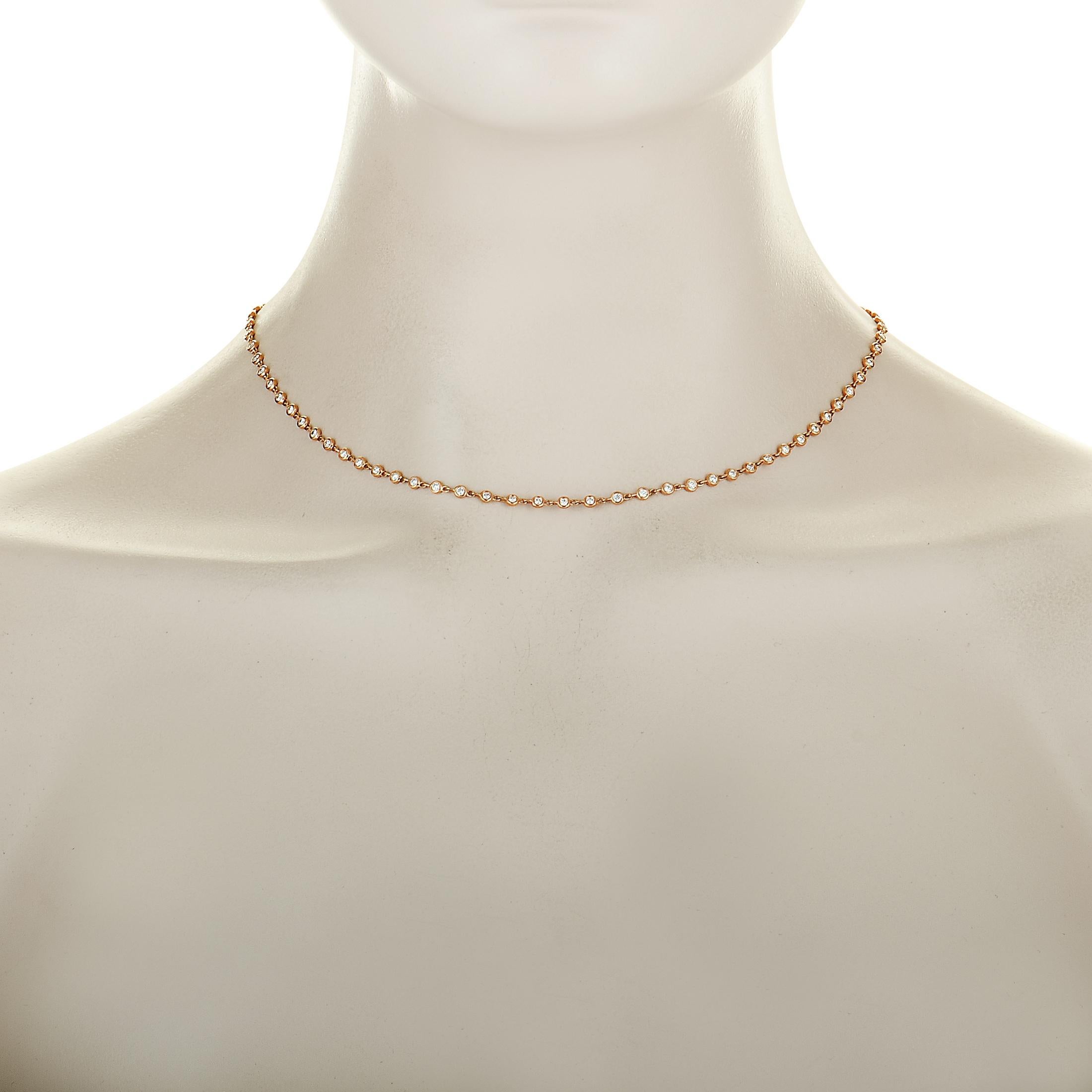 This LB Exclusive necklace is made of 18K rose gold and embellished with diamonds that total 2.15 carats. Measuring 17.00” in length, the necklace weighs 8.8 grams.

The necklace is offered in brand new condition and includes a gift box.