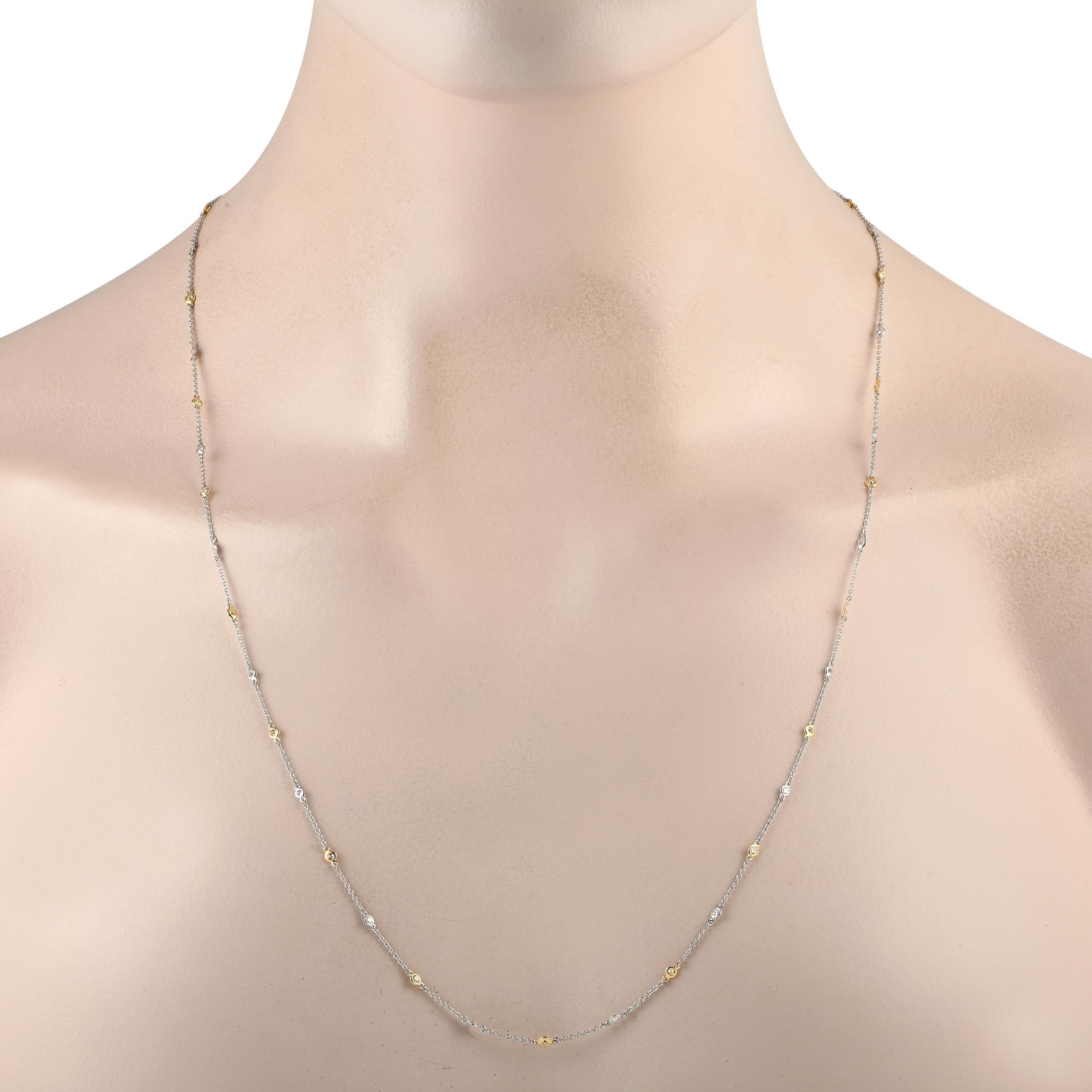 Whether worn alone or layered with other dainty pieces, this two-toned diamond station necklace can surely enhance the look of different outfits. This LB Exclusive piece features a 26-long chain in 18K white gold, punctuated at evenly-set stations