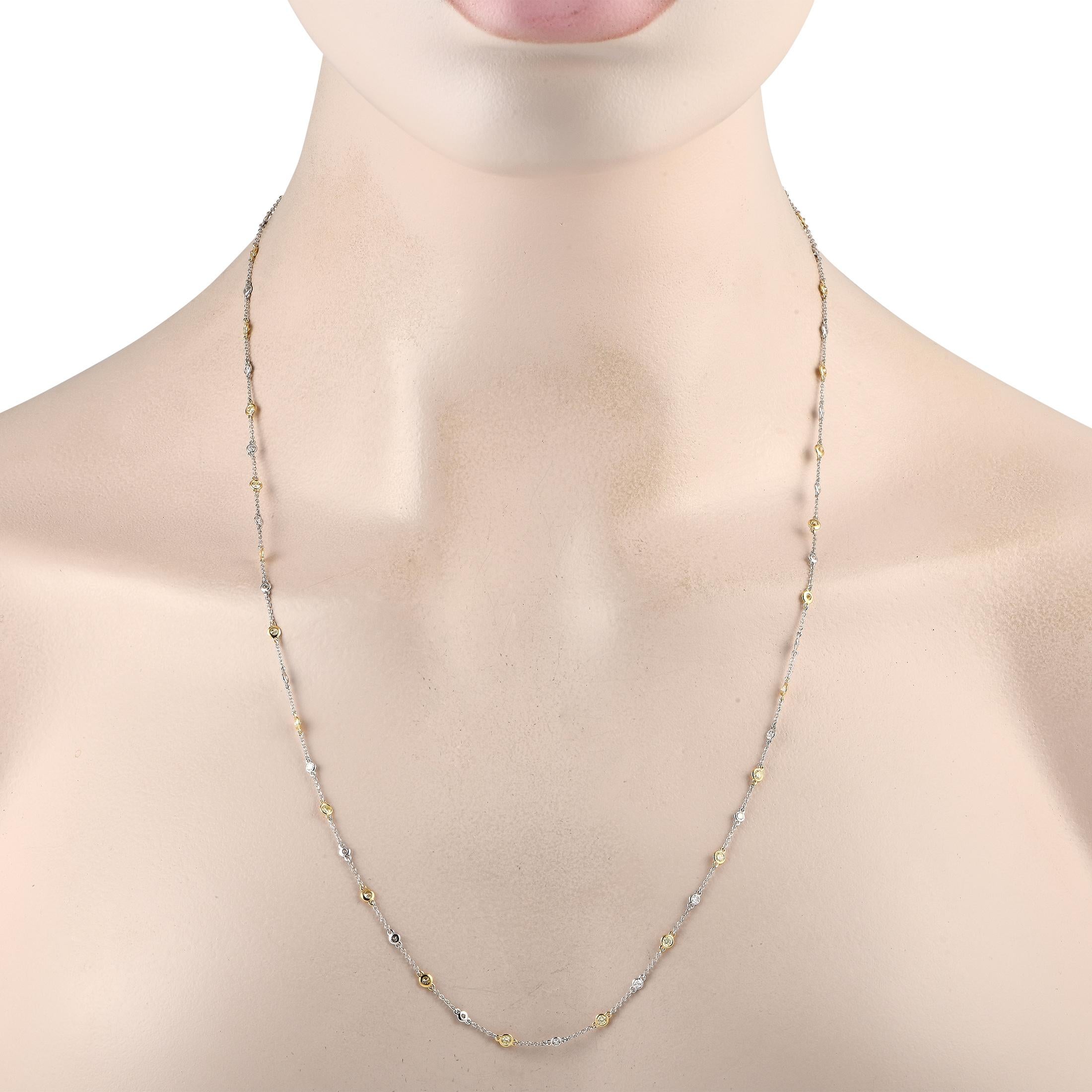 Take any outfit to the next level with this sophisticated luxury necklace. On this pieces delicate 24 chain, youll find a series of sparkling diamonds totaling 1.09 carats in an 18K yellow gold or 18K White gold setting.This jewelry piece is offered