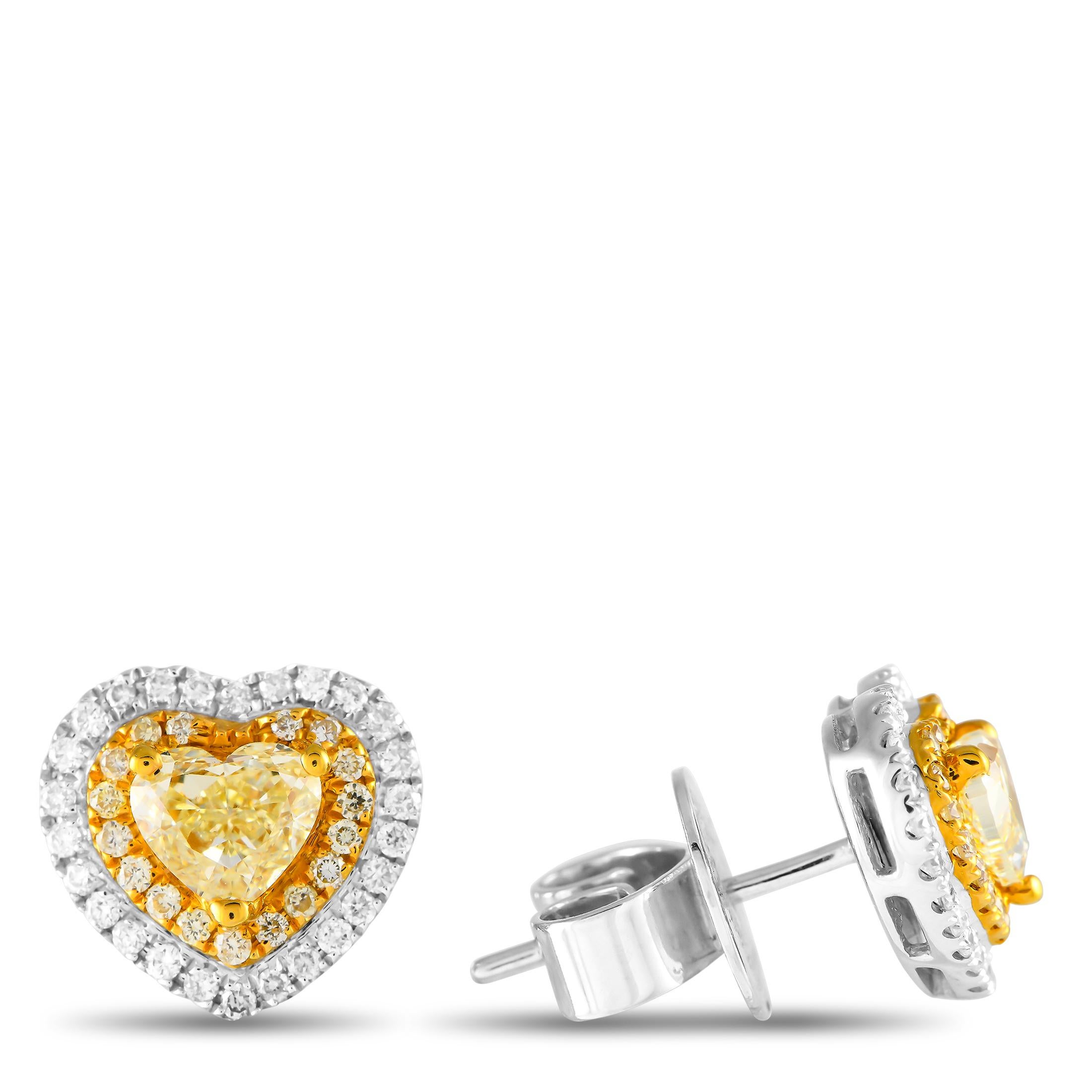 You won't regret getting this heartbreakingly lovely pair of diamond earrings. Each measures approximately 0.45 in diameter, making it perfect for everyday wear. The heart-shaped earrings are crafted in 18K white gold, topped with a heart-cut