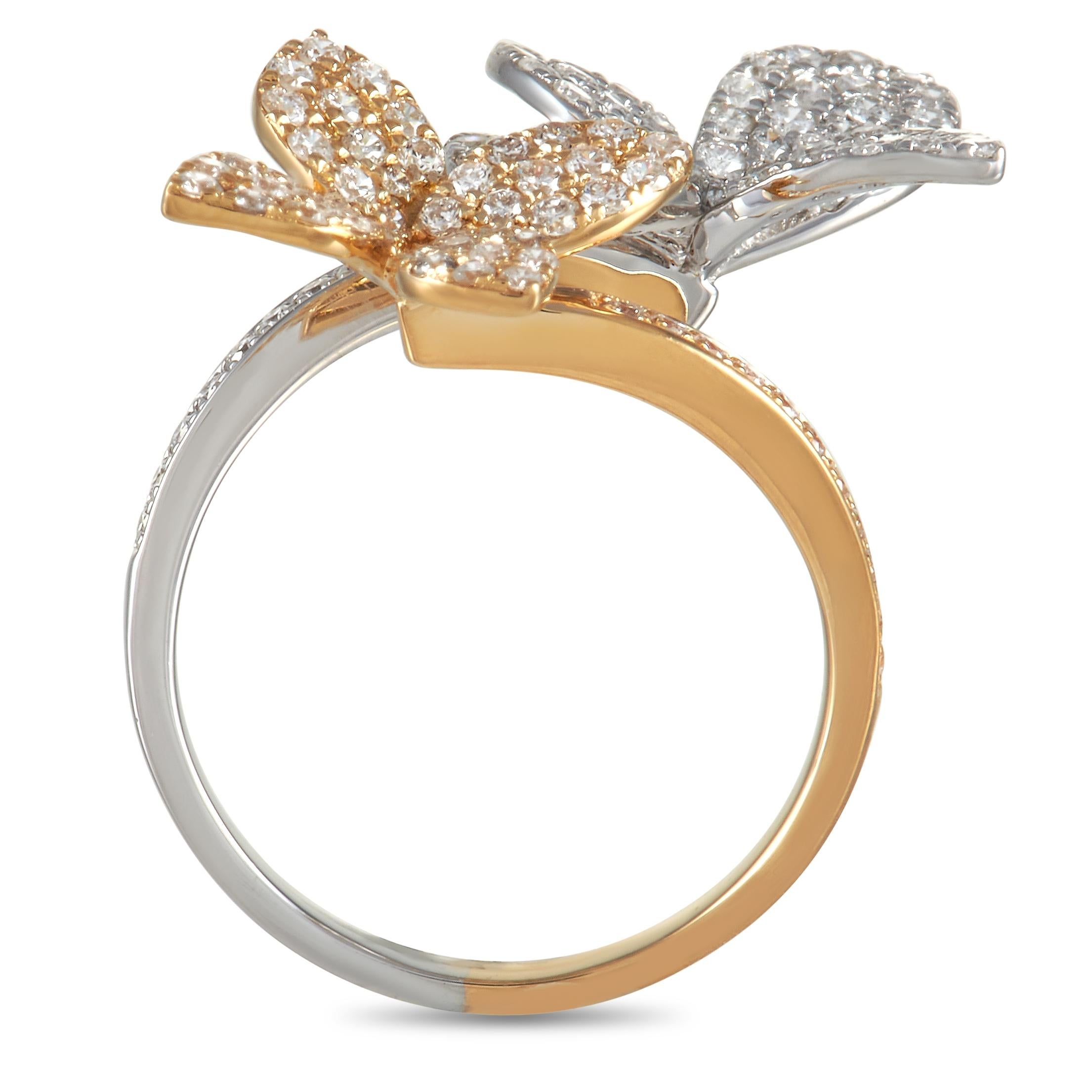 There’s something spectacular about this exquisite butterfly ring. A combination of 18K White Gold and 18K Yellow Gold create a delightful contrast on this impeccable accessory, which features a 1mm wide band and a 7mm top height. It’s also adorned