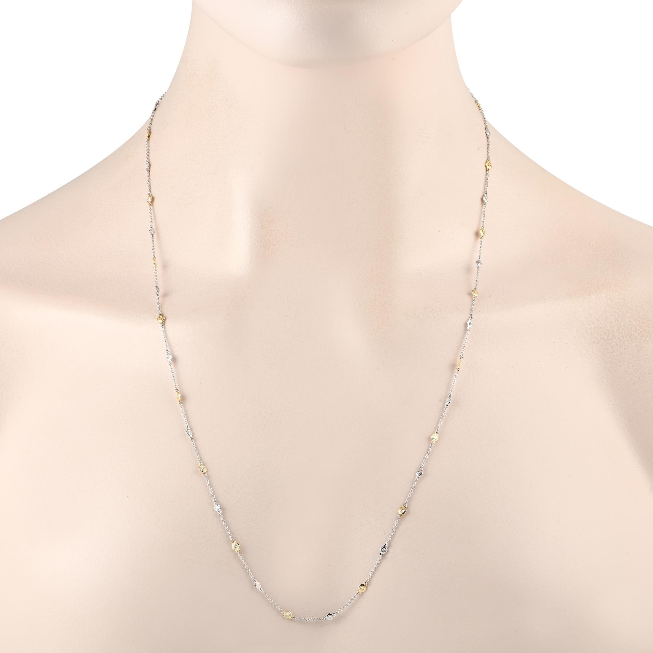 Instantly and effortlessly add a touch of sophistication to any look with this two-toned station necklace. It has a 24-long white gold chain accented with diamonds on stations. Each sparkling gem is set on either a yellow gold or white gold bezel.