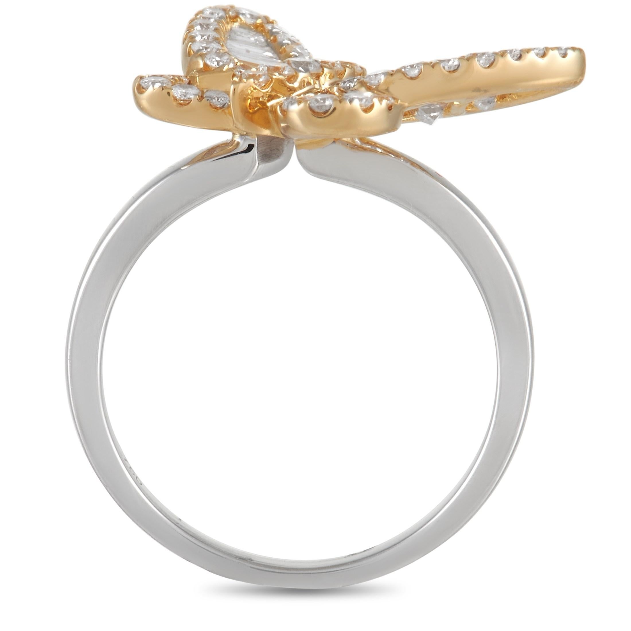 On this exquisite ring, a luminous 18K Yellow Gold butterfly motif is perched atop a sleek 2mm wide band made from 18K White Gold. It’s covered in 0.85 carats of diamond baguettes as well as additional diamond accents totaling 0.48 carats. A top