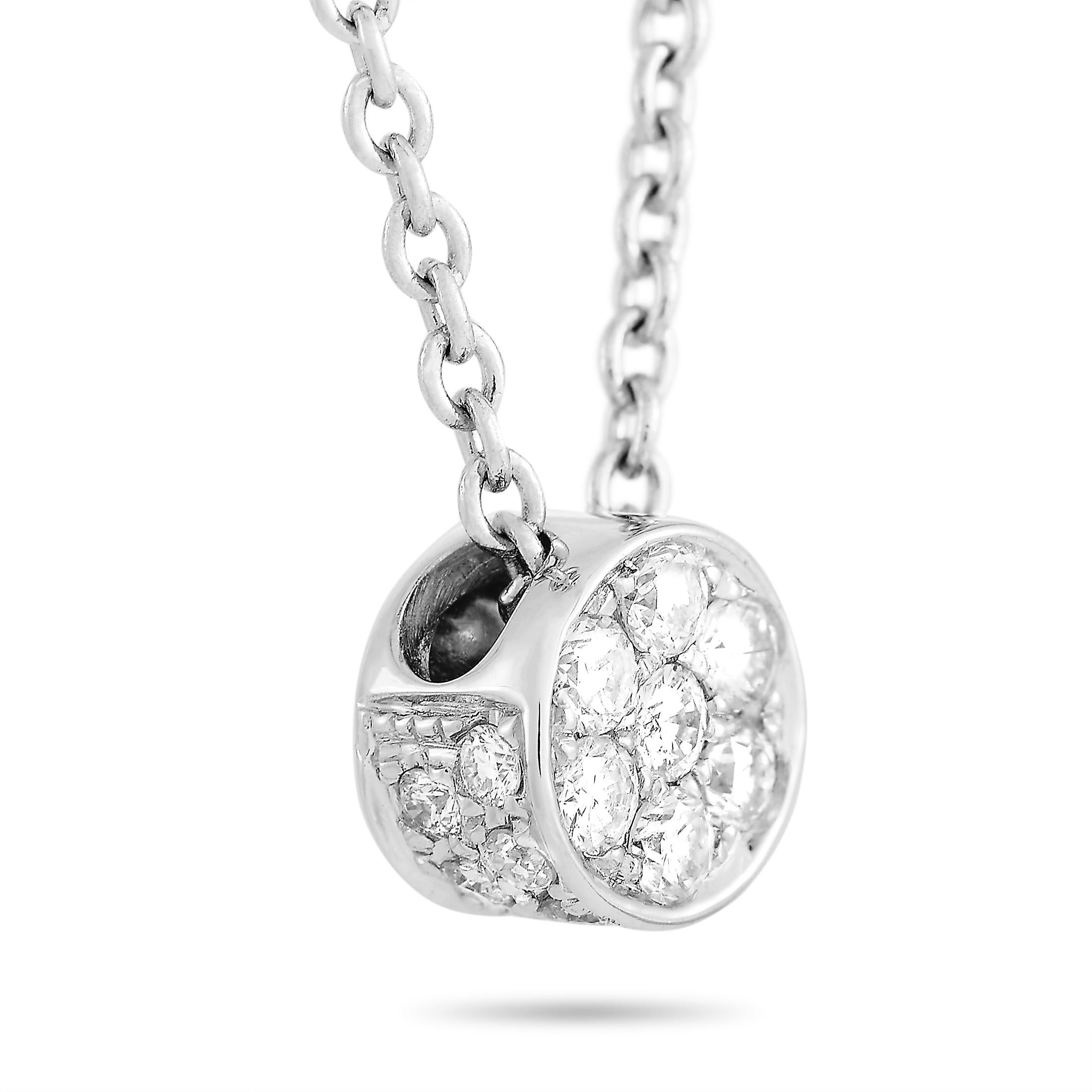 This LB Exclusive necklace is made of 18K white gold and embellished with diamonds that amount to 0.20 carats. The necklace weighs 3.1 grams and boasts a 16” chain and a pendant that measures 0.25” in length and 0.25” in width.
 
 Offered in brand