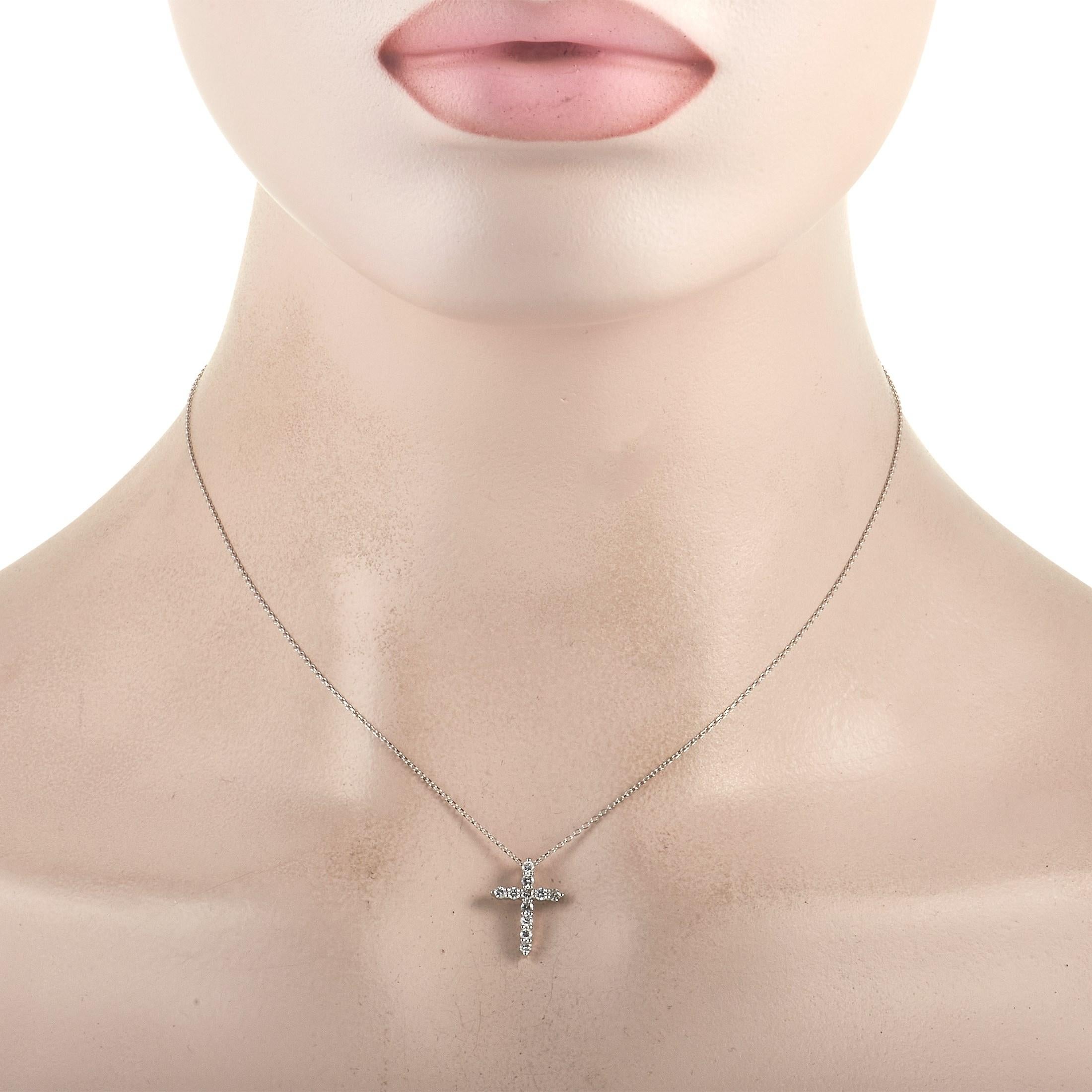 Offering a great way to emphasize your religious beliefs and values is this LB Exclusive 18K White Gold 0.31 ct Diamond Cross Necklace. A cross pendant in white gold comes embellished with round diamonds. The pendant suspends along a slim,