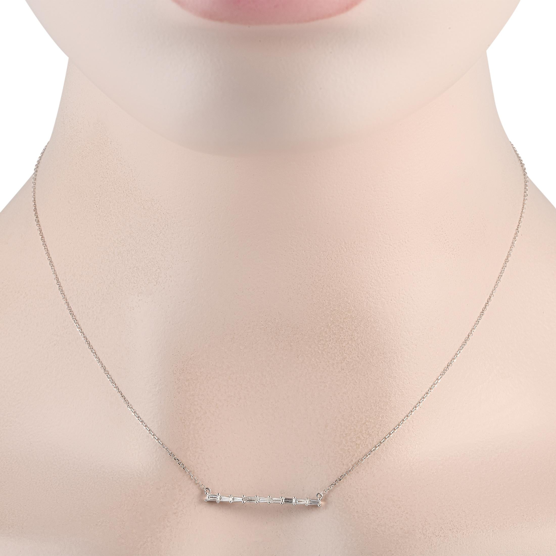 This timeless necklace is simple, elegant, and understated. The pendant – which measures 0.15” long and 1.0” wide – comes to life thanks to diamonds with a total weight of 0.33 carats. This piece is crafted from 18K White Gold and comes complete