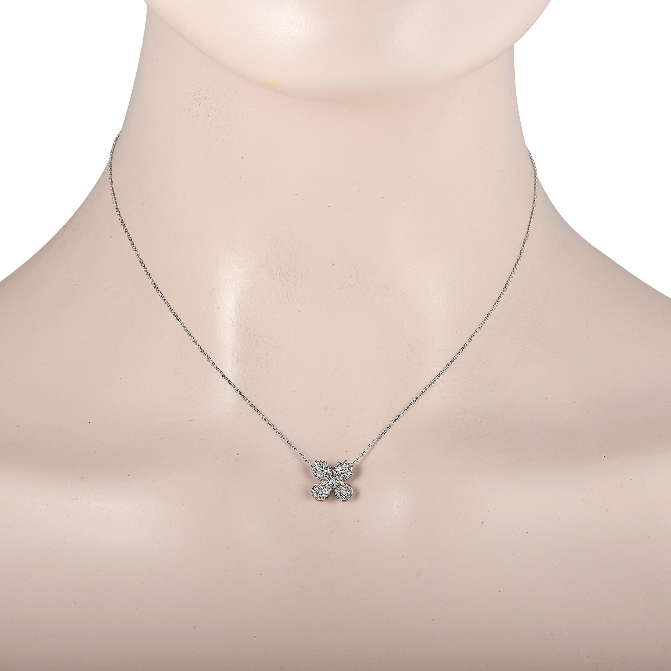This dazzling LB Exclusive necklace is made with an 18K white gold chain, highlighting a beautiful 18K white gold pendant set with 0.50 carats of round diamonds. The diamonds. The 18K white gold chain measures 15 inches in length and features a