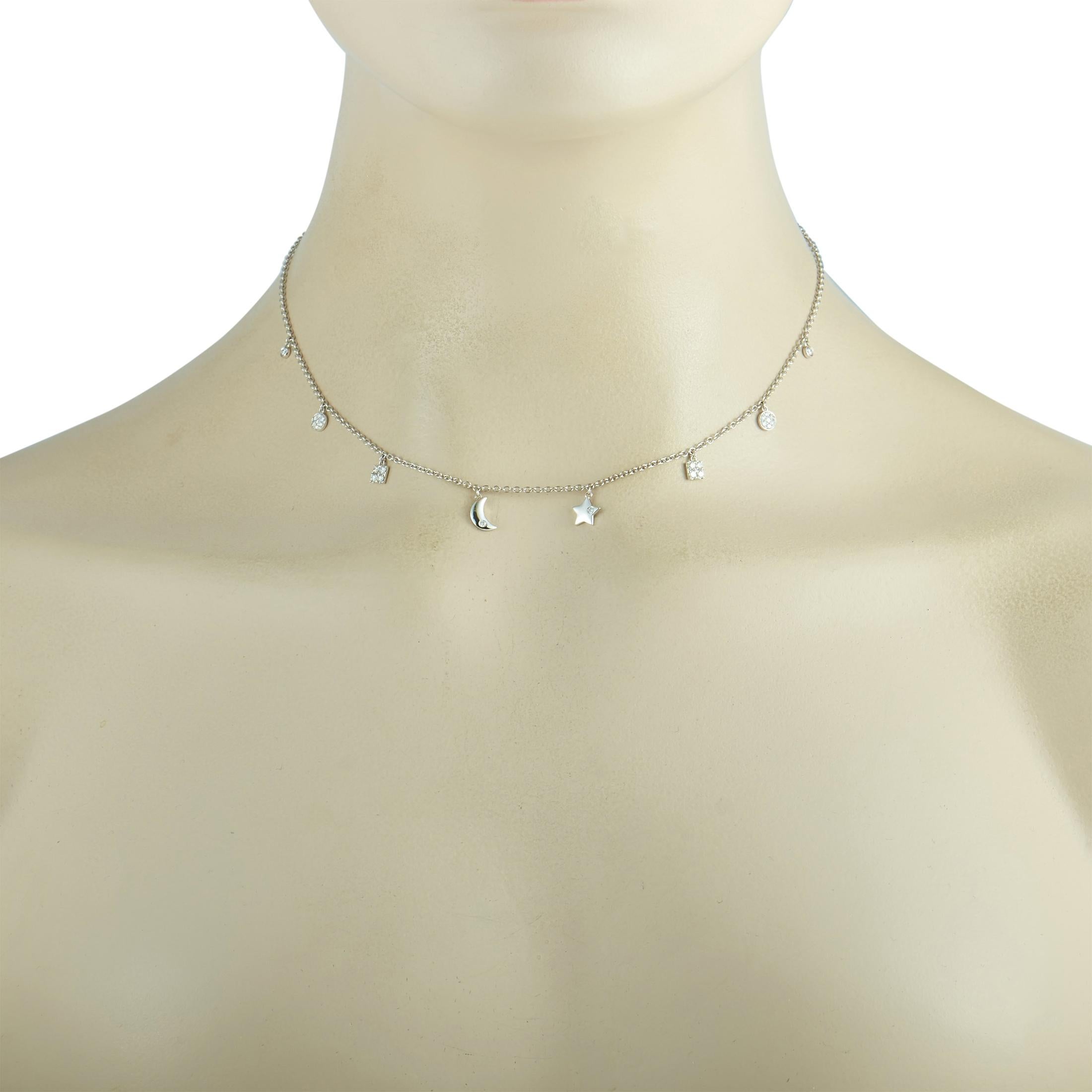 This LB Exclusive necklace is crafted from 18K white gold and weighs 4.4 grams, measuring 15” in length. The necklace is set with diamonds that total 0.50 carats.
 
 Offered in brand new condition, this jewelry piece includes a gift box.