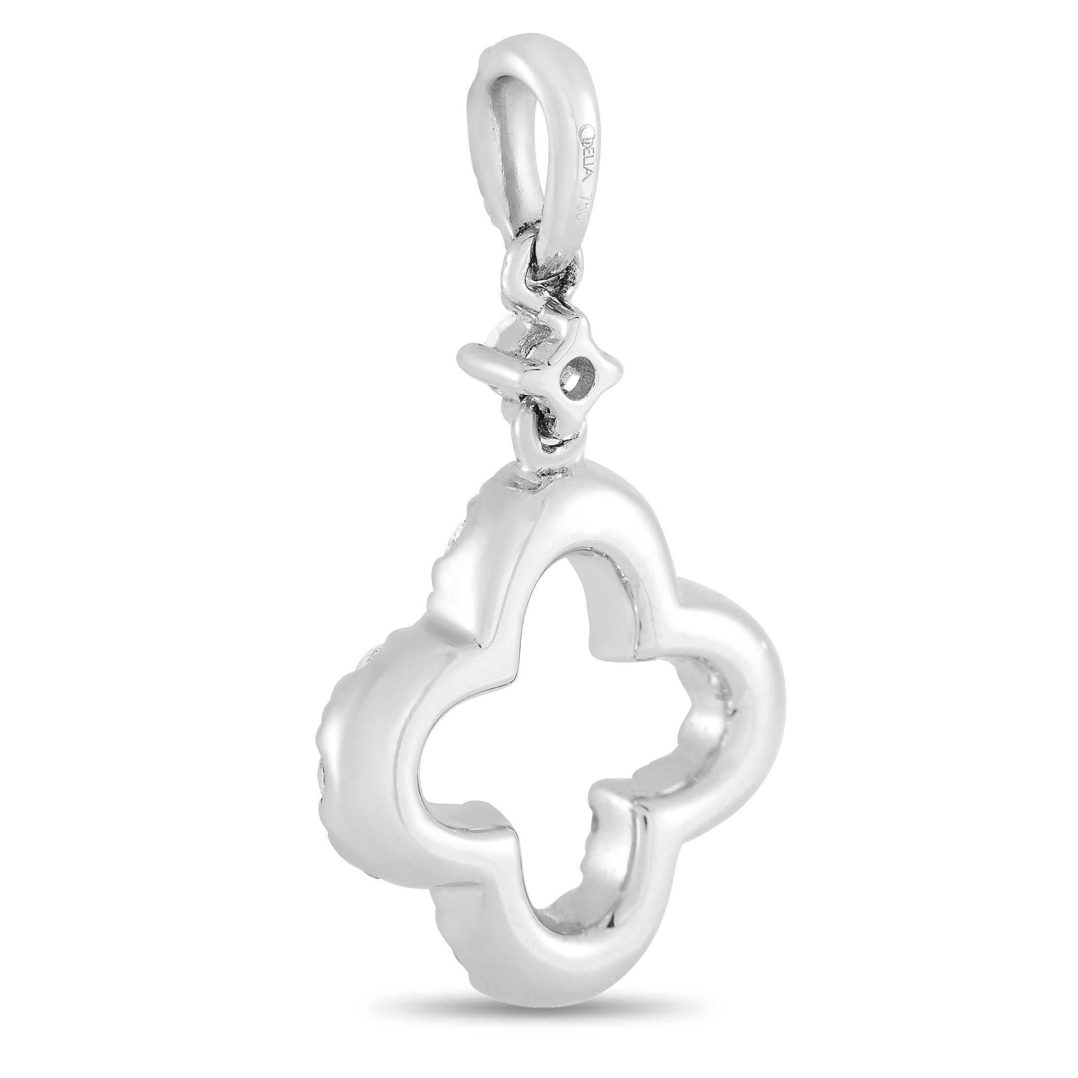 This timeless pendant is classic and sophisticated. Crafted from 18K White Gold, the elegant clover-shaped design measures 0.75” long and 0.5” wide. It’s also covered in sparkling round-cut diamonds with total weight of 0.50 carats. 
 
 This jewelry