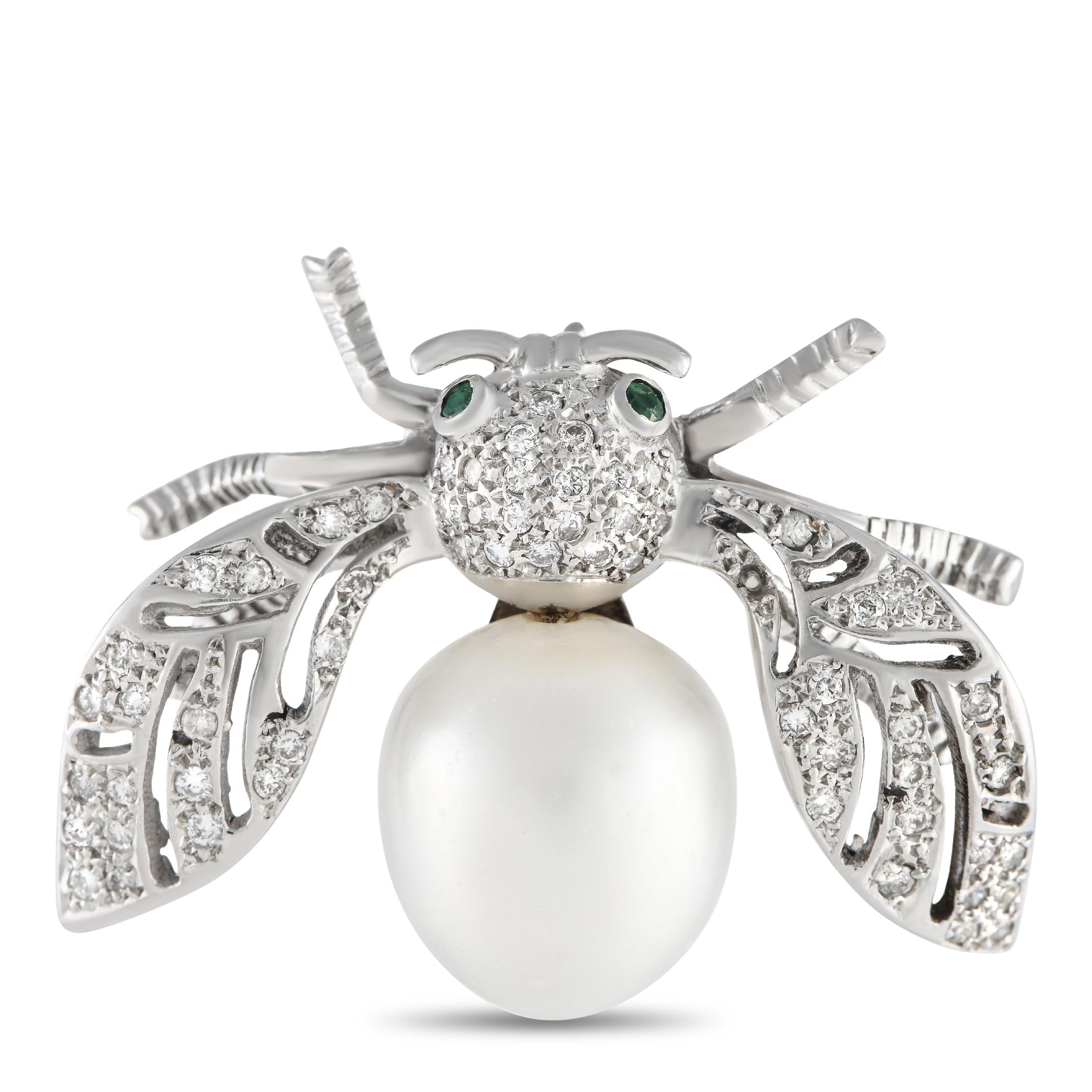 LB Exclusive 18k White Gold 0.60 Carat Diamond and Pearl Insect Brooch In Excellent Condition In Southampton, PA