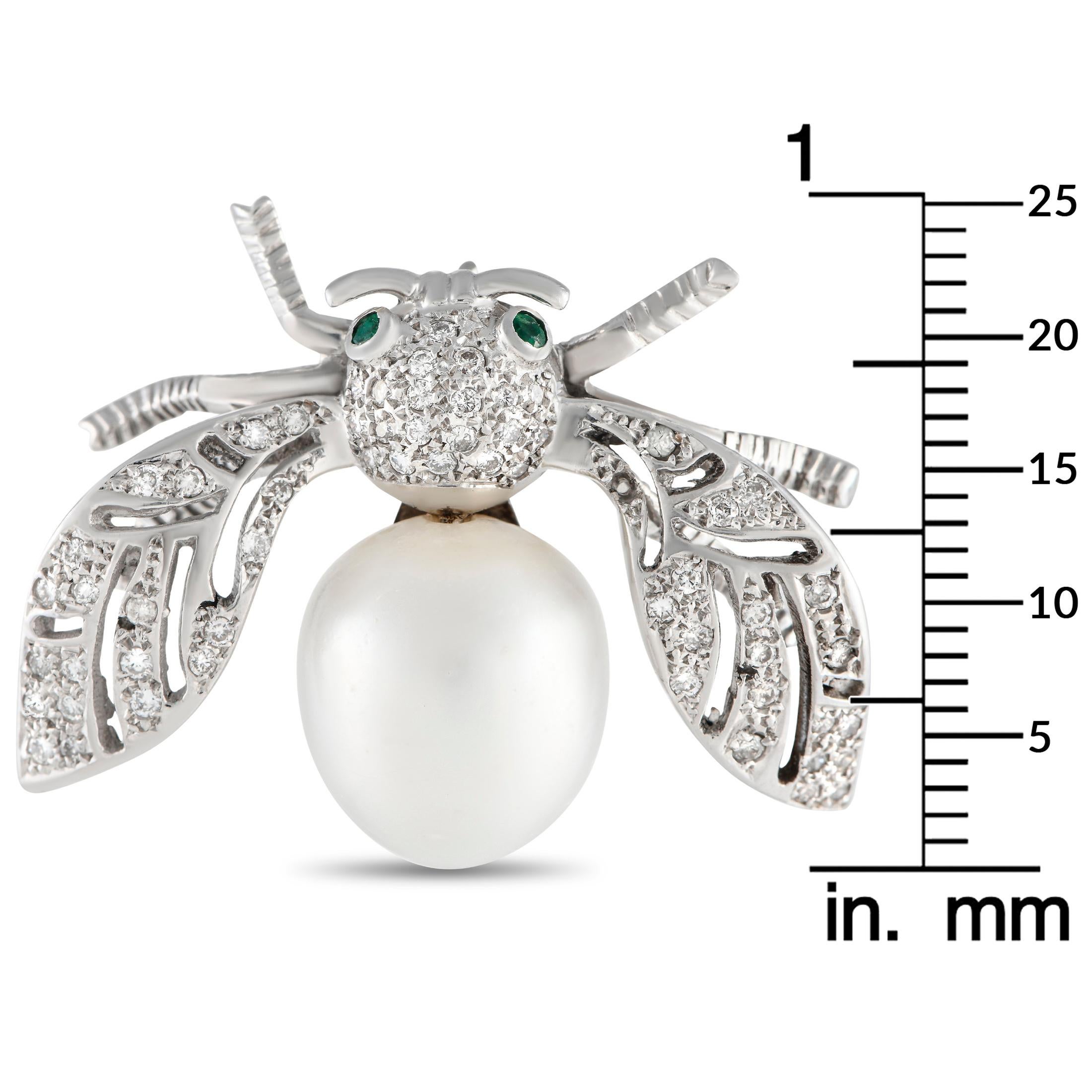 Round Cut LB Exclusive 18k White Gold 0.60 Carat Diamond and Pearl Insect Brooch