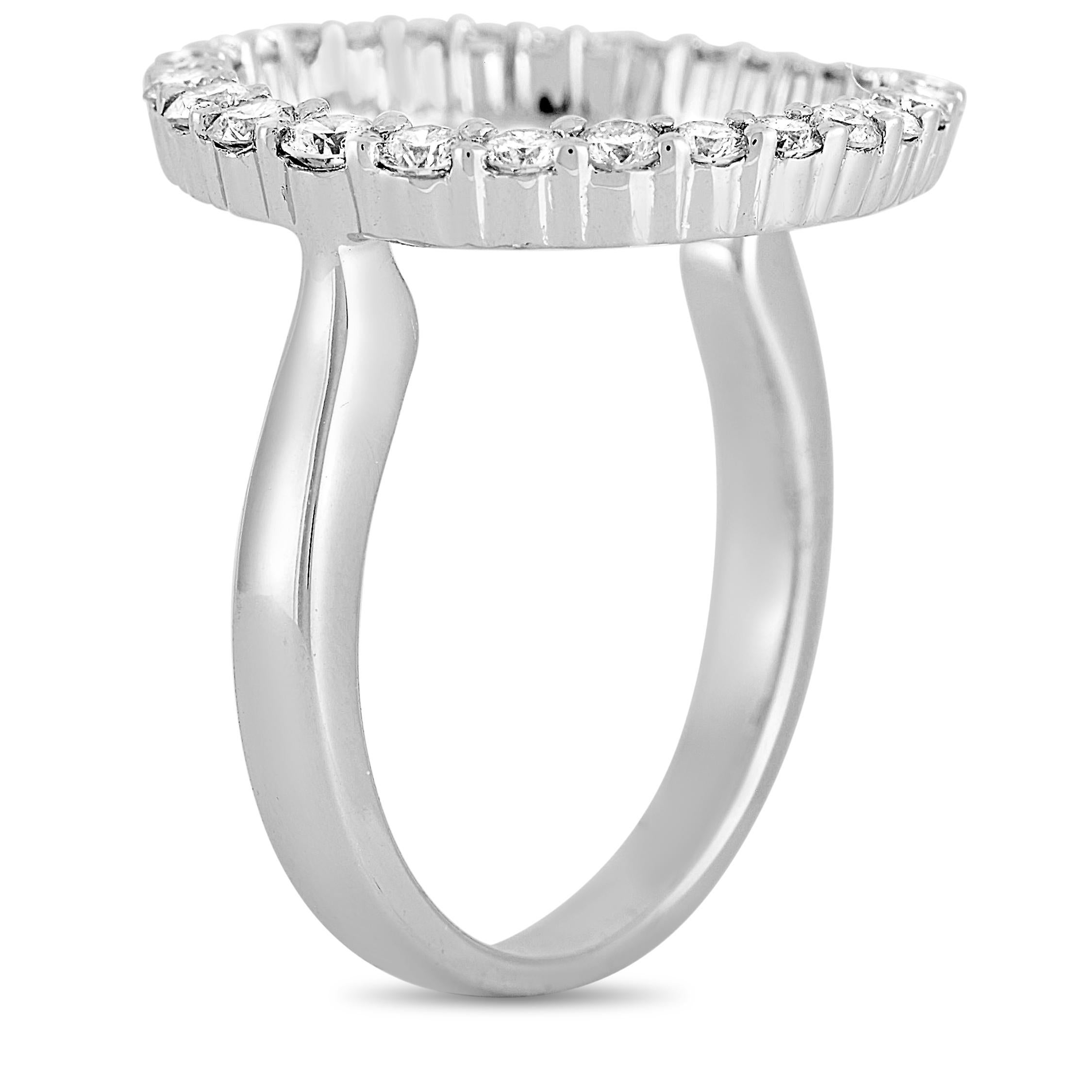 This LB Exclusive ring is made of 18K white gold and embellished with diamonds that amount to 0.65 carats. The ring weighs 4.5 grams and boasts band thickness of 2 mm and top height of 2 mm, while top dimensions measure 20 by 18 mm.
 
 Offered in