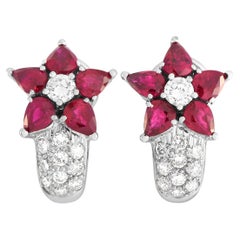 LB Exclusive 18K White Gold 0.75 Ct Diamond and Ruby Flower Earrings