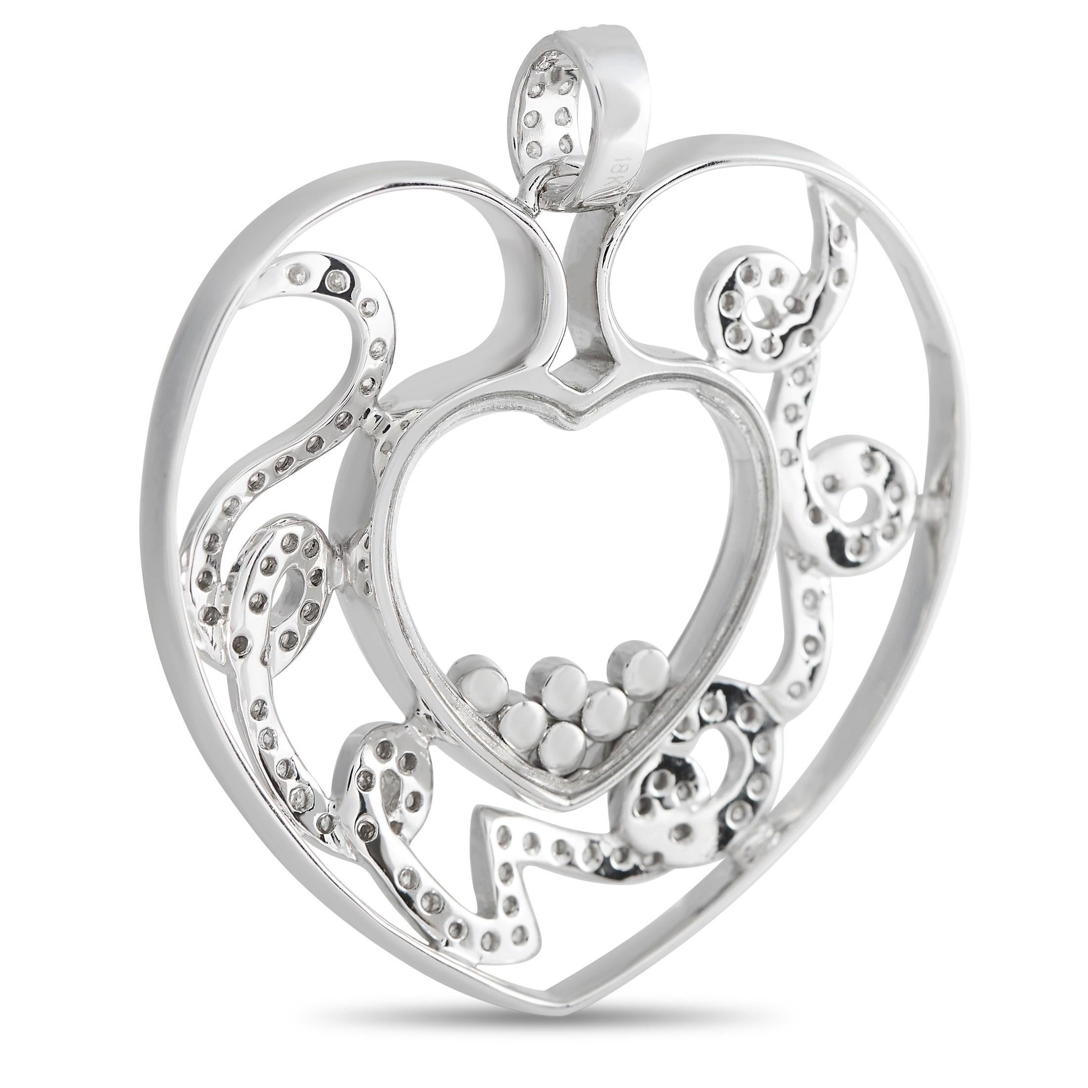 Curved lines and floating diamonds give this luxurious pendant an undeniable sense of charm. This 18K White Gold heart-shaped pendant measures 1.65” long, 1.5” wide, and includes a stylish design that features negative space elements for added