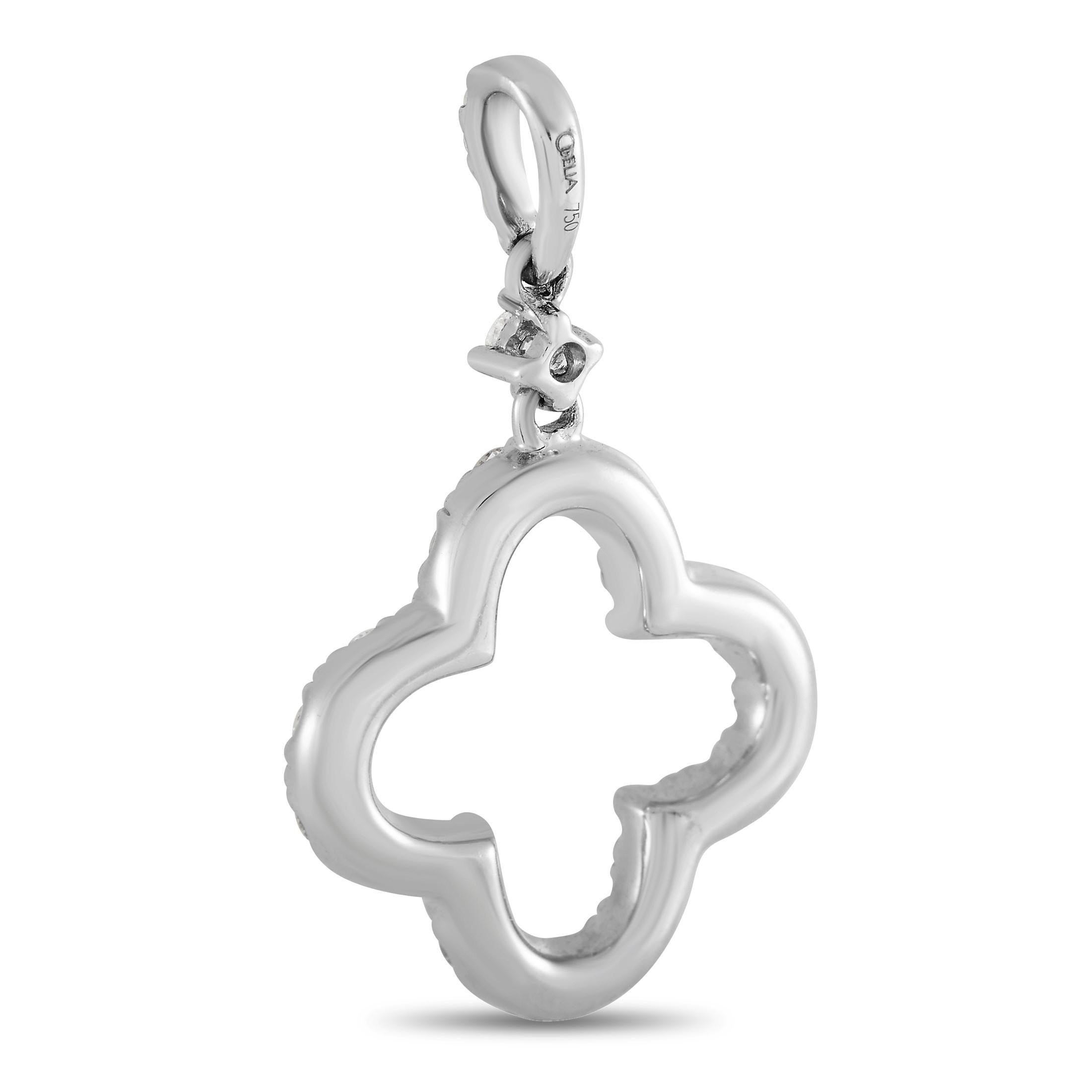 A classic clover shape makes this stunning 18K White Gold pendant a timeless addition to any jewelry collection. Covered in round-cut diamonds with a total weight of 0.75 carats, this piece measures 1” long and 0.65” wide. 
 
 This jewelry piece is