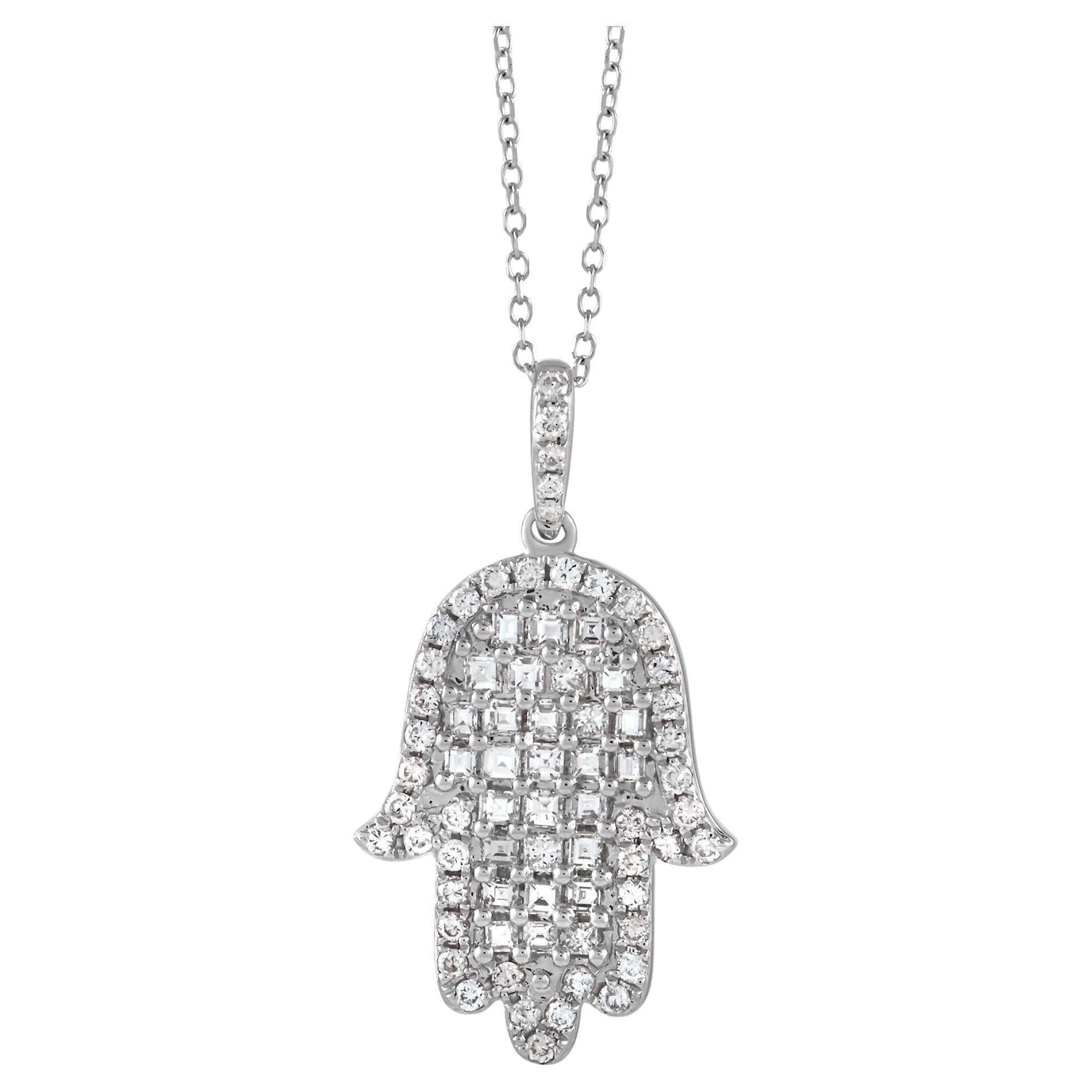 LB Exclusive 18K White Gold 0.90 Ct Diamond Hamsa Necklace For Sale