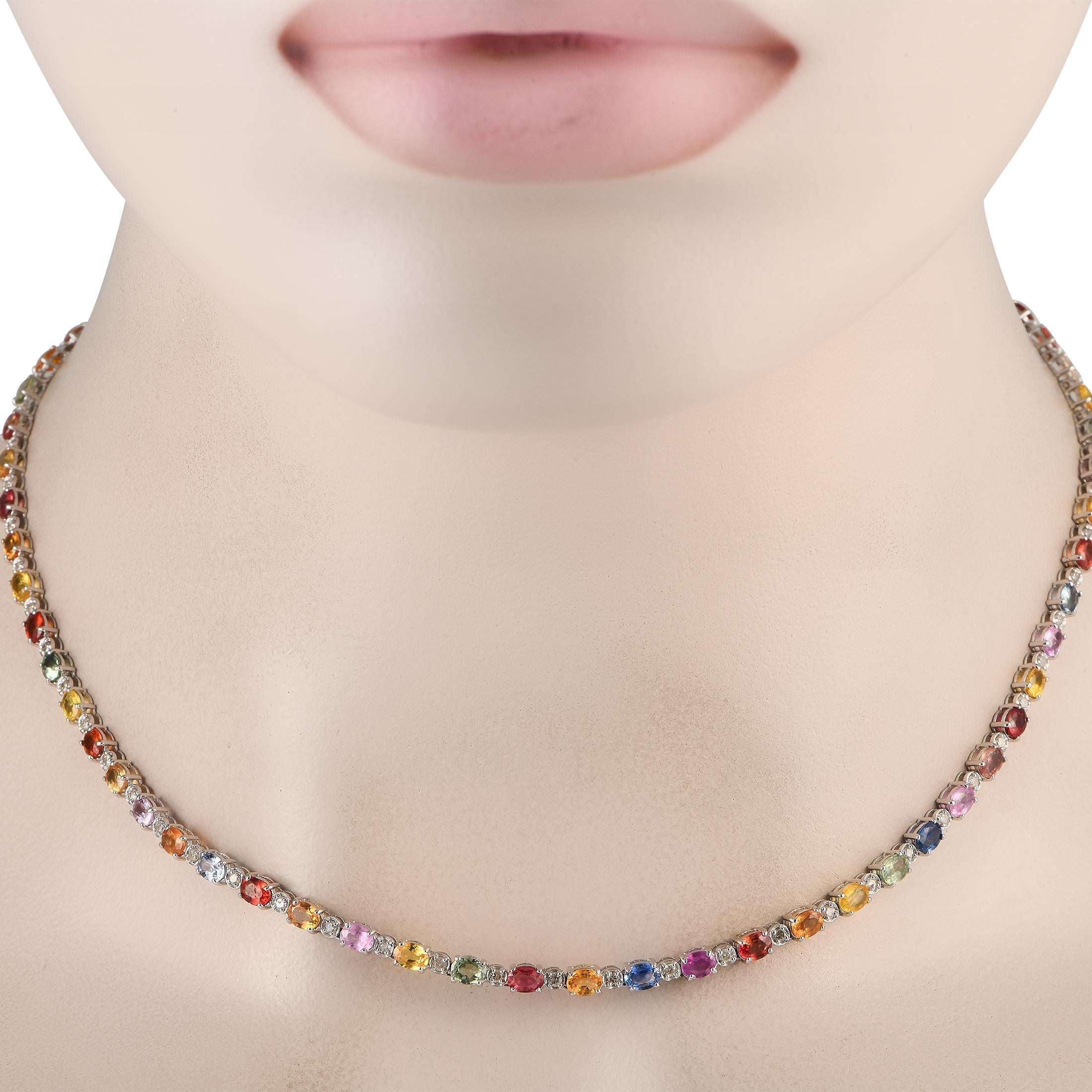 Add a pop of color by pairing this exquisite necklace with any ensemble. Elegant and incredibly sophisticated, this piece features a simple 18K White Gold setting measuring 16.5 long. A series of multicolored Sapphires totaling 14.16 carats are