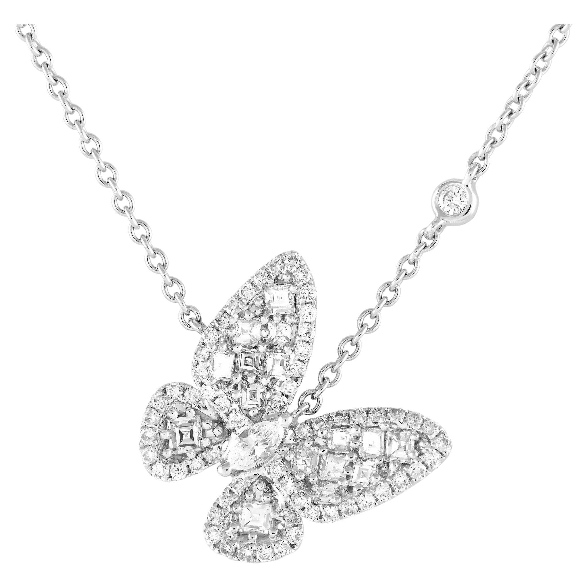 LB Exclusive 18K White Gold 0.90ct Diamond Butterfly Necklace For Sale