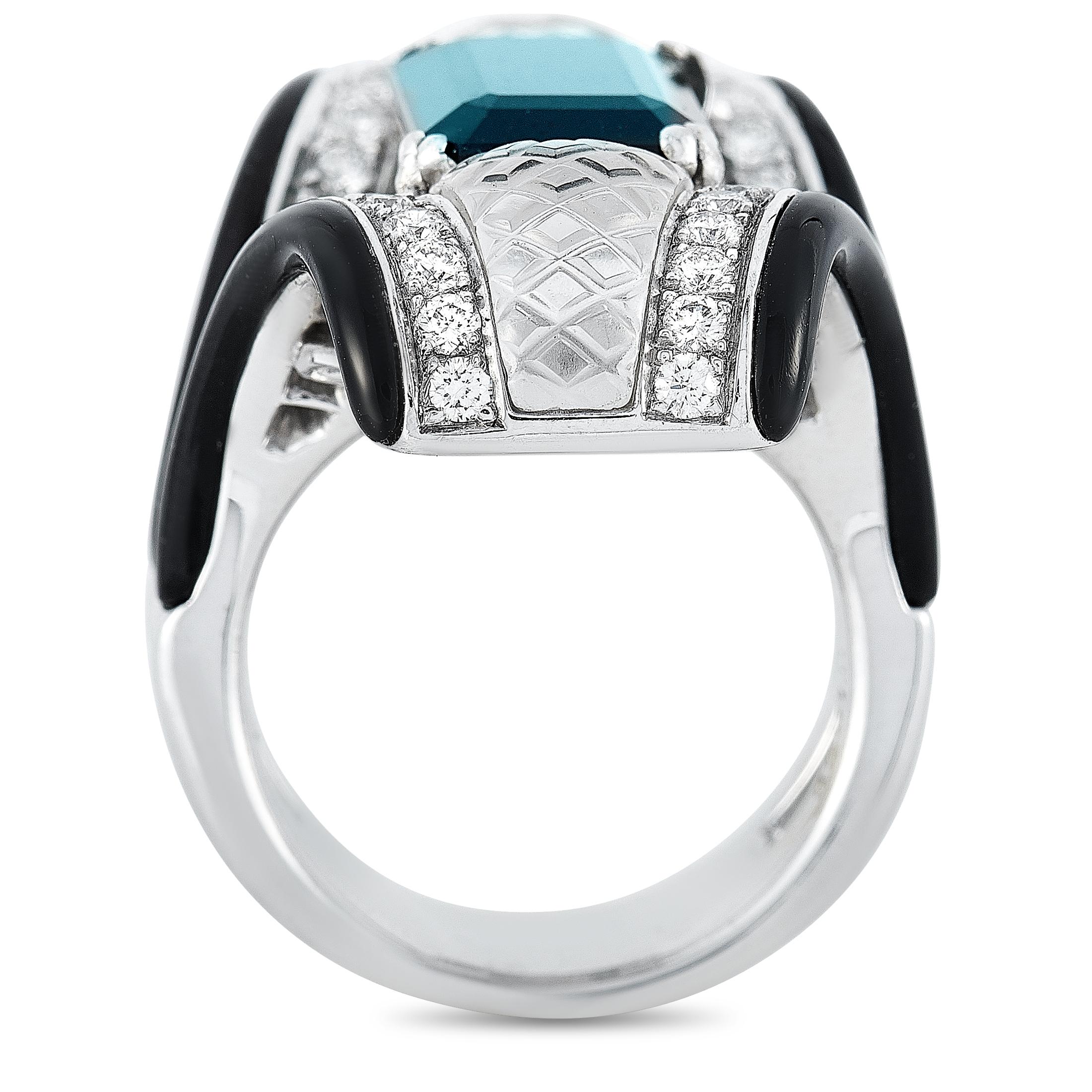 This LB Exclusive ring is made of 18K white gold and embellished with onyx, crystal, a 5.72 ct tourmaline, and a total of 0.95 carats of diamonds. The ring weighs 27.7 grams and boasts band thickness of 8 mm and top height of 8 mm, while top