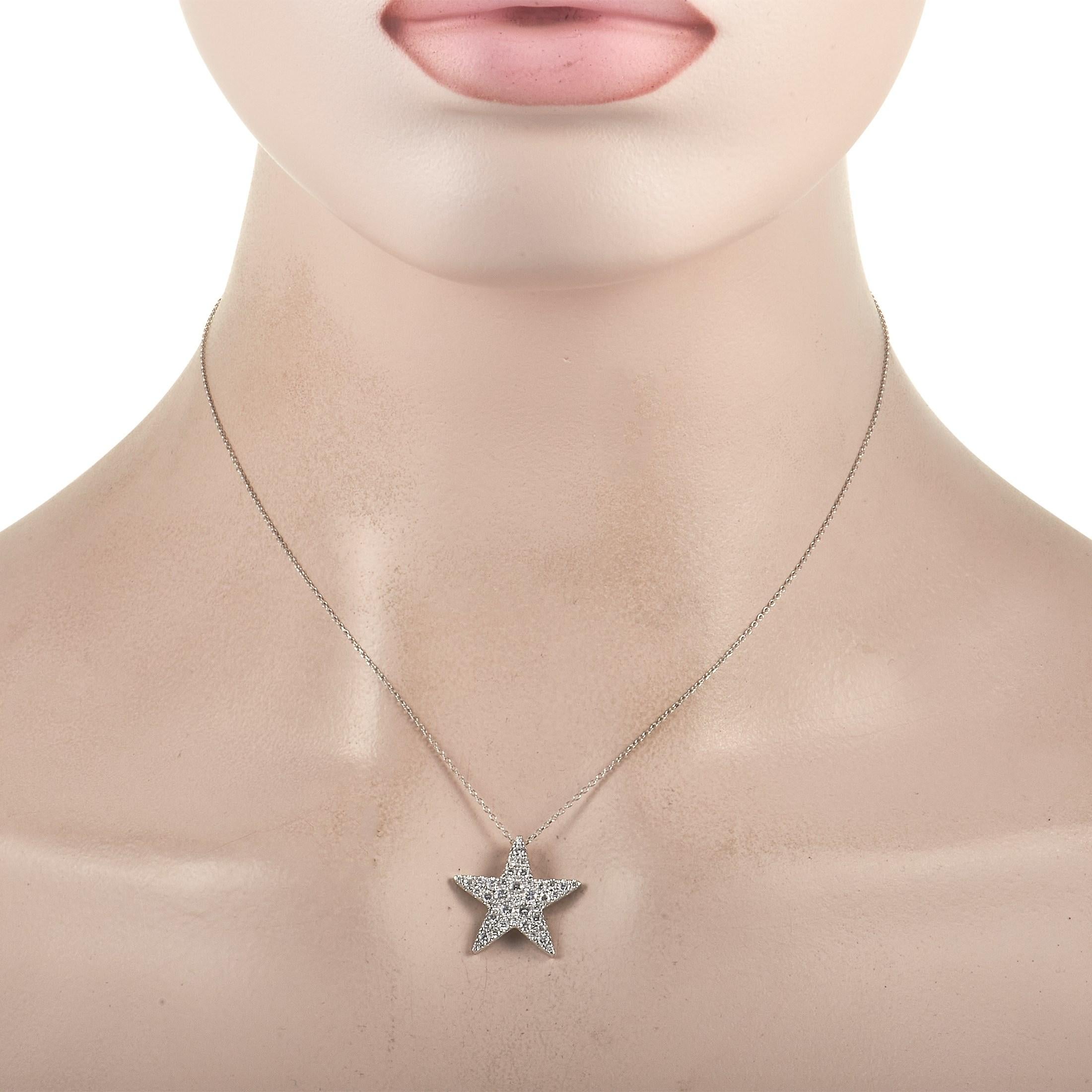 This fun LB Exclusive 18K White Gold 1.00 ct Diamond Star Necklace is sure to attract attention! The necklace features a white gold chain, highlighting a sweet matching 18K white gold star pendant set with a total of 1.00 carats of round-cut