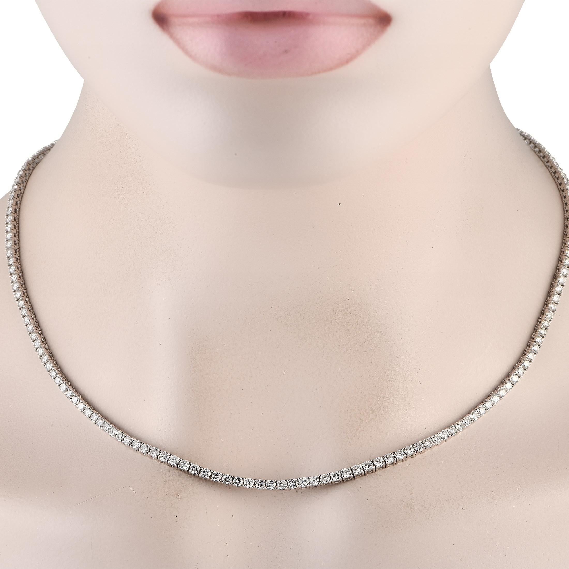 A series of sparkling round-cut Diamonds with a total weight of 10.32 carats make this luxury necklace endlessly impressive. Sleek, understated, and opulent, the simple 18K White Gold setting measures 18.5 long and allows the dazzling gemstones to