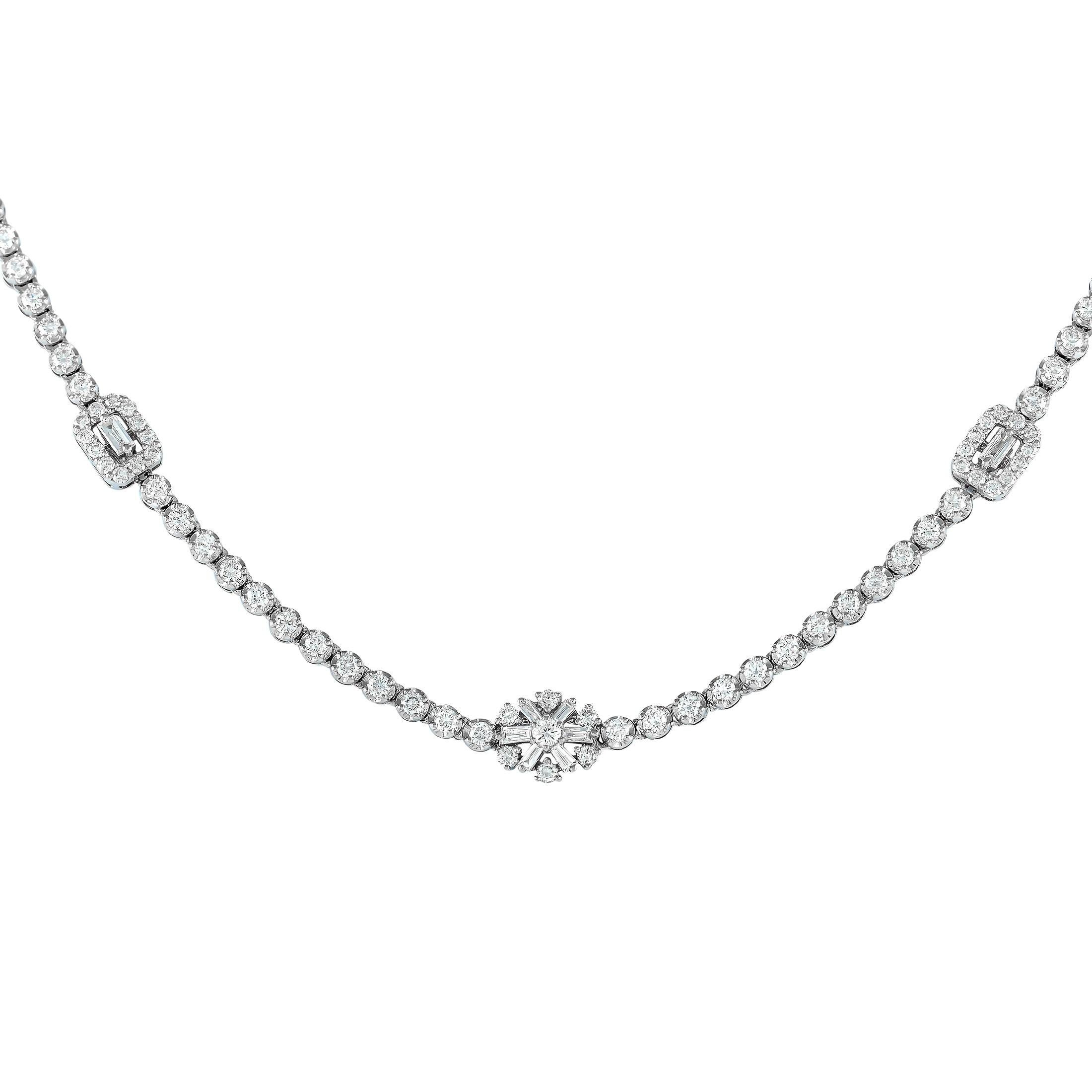 All eyes will be on this stunning LB Exclusive necklace. The necklace is made with 18K white gold and set with a single row of diamonds over its length. The necklace is punctuated by clusters of diamonds of various shapes and sizes, for a total of