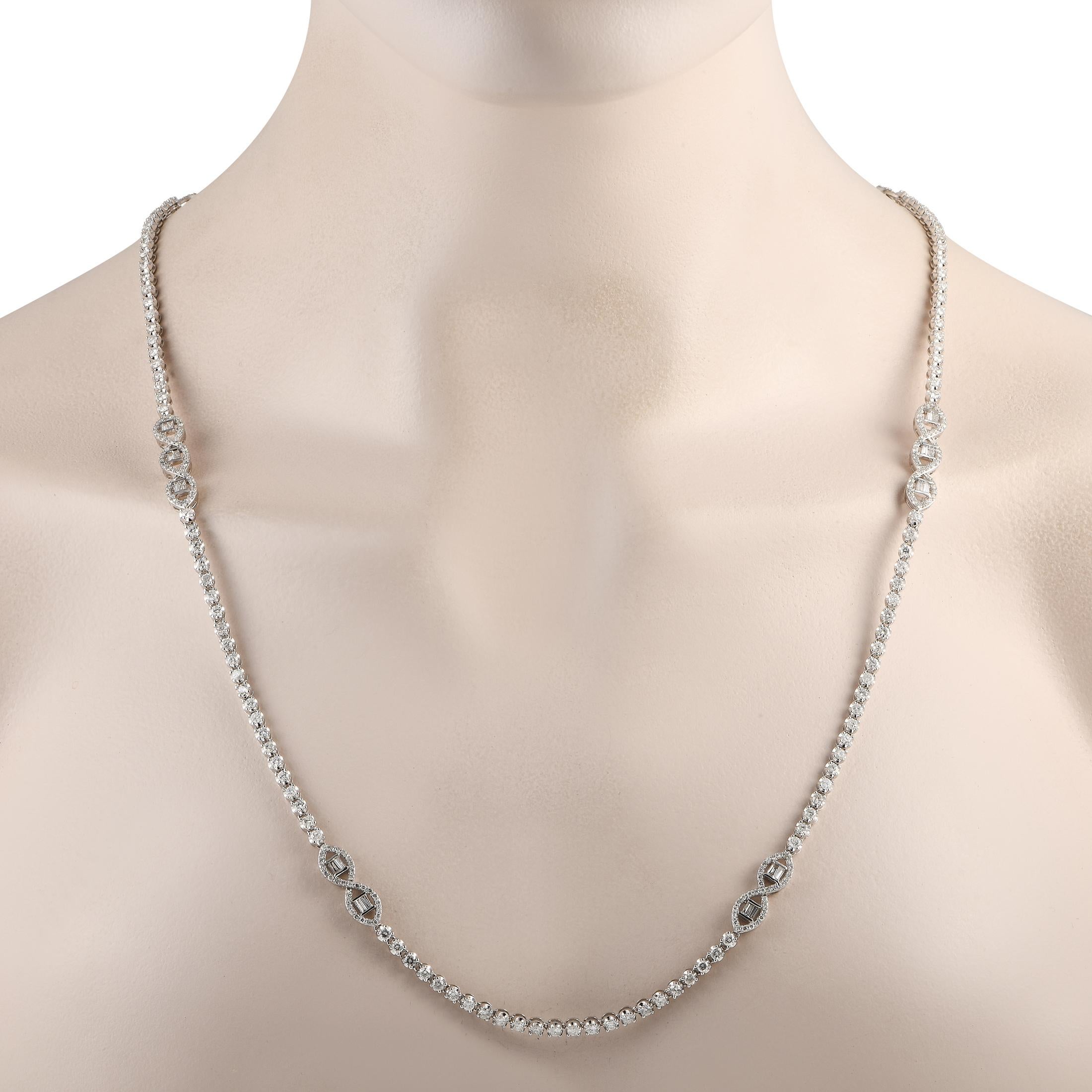 This luxurious 18K White Gold necklace will elevate any occasion. On this exquisite piece, Diamonds with a total weight of 10.80 carats effortlessly reflect light. It measures 14.0 long and comes complete with secure lobster clasp closure.
This