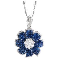 LB Exclusive 18K White Gold 1.10ct Diamond and Sapphire Flower Pendant Necklace