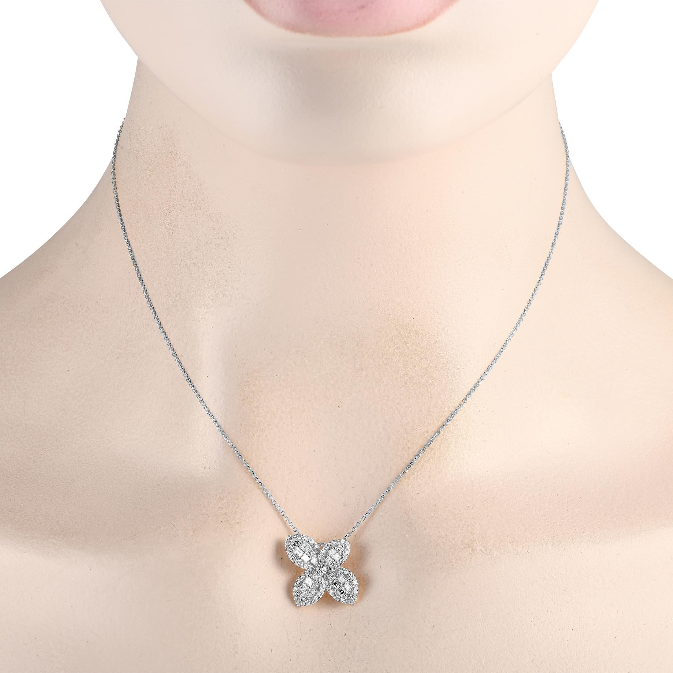 A breathtaking butterfly shaped pendant measuring 0.65 round makes this 18K white gold necklace simply unforgettable. This entire accessory is elevated by asscher-cut diamonds totaling 0.70 carats and additional diamond accents totaling 0.40