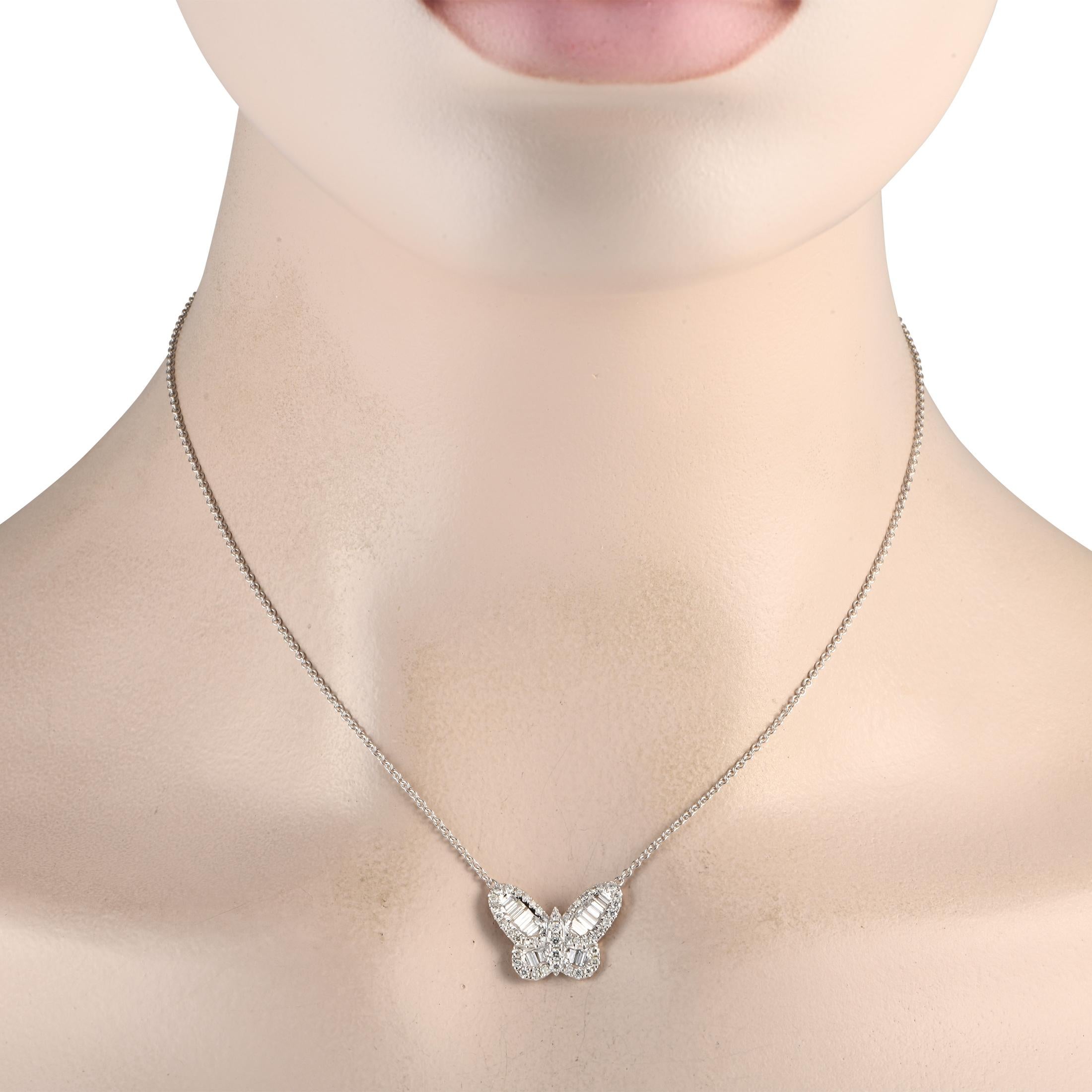 This 18K White Gold necklace is instantly captivating. Suspended at the center of a delicate 15 chain, youll find a butterfly pendant measuring 0.65 long and 0.75 wide. It comes to life thanks to a stunning combination of round-cut Diamonds totaling