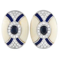 LB Exclusive 18k White Gold 1.15ct Diamond, Enamel, and Sapphire Earrings