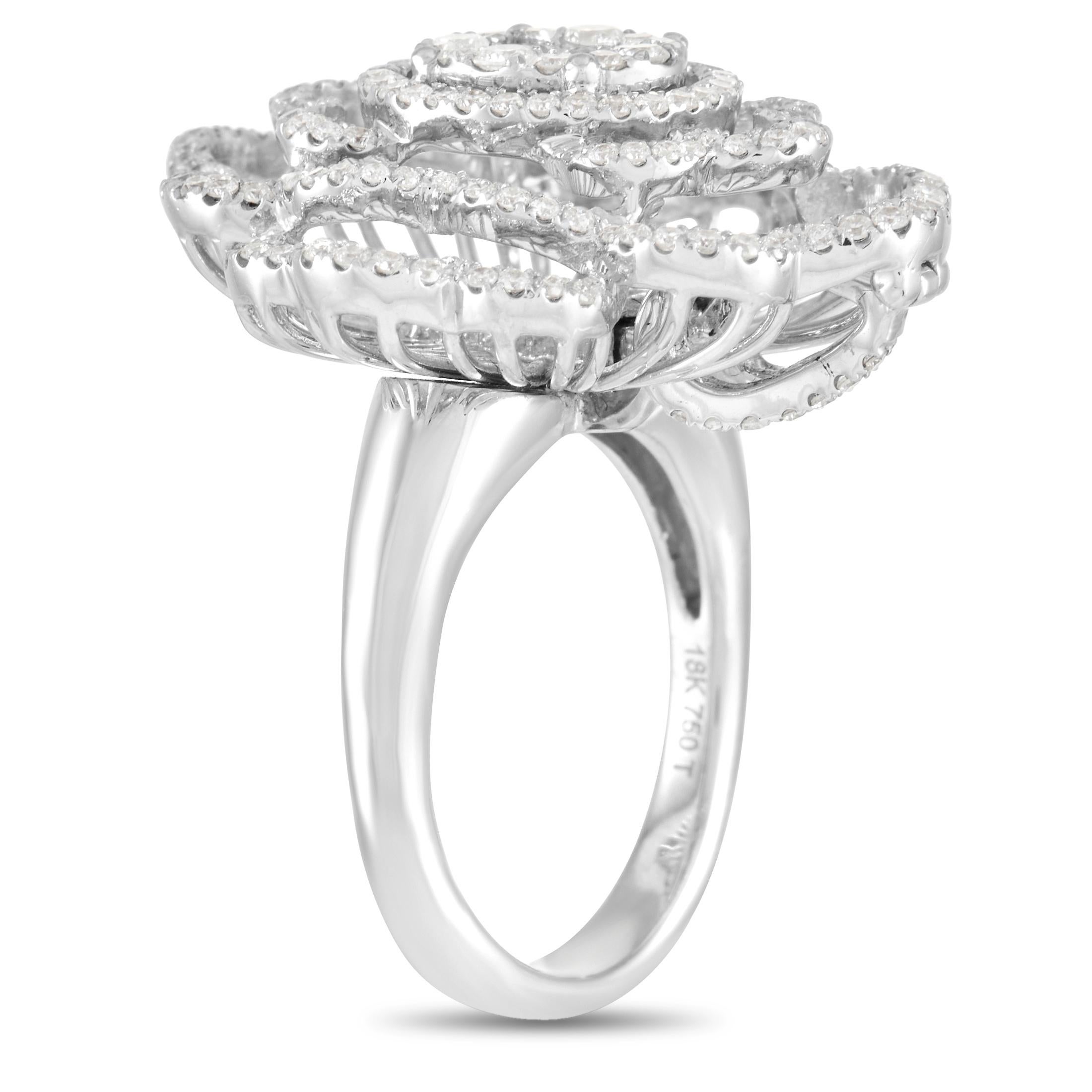 This stunning LB Exclusive 18K White Gold 1.20 ct Diamond Ring was made with 18K White Gold and set with a total of 1.20 carats diamonds. Round diamonds form a unique four layer halo around the center setting of a mixture of round and princess cut