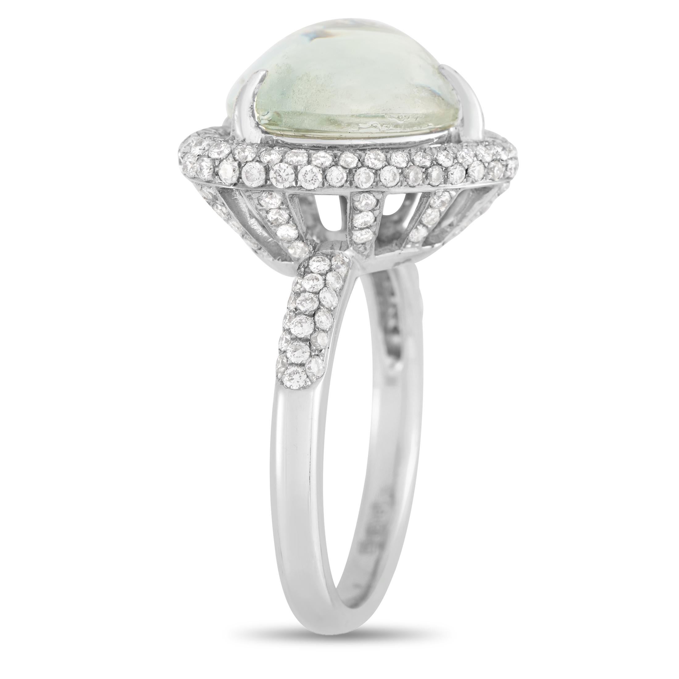 A unique pairing of gemstones comes to life thanks to this ring’s exquisite heart-shaped setting. A green amethyst heart makes a statement at the center of the elegant design. It’s also beautifully showcased by diamond accents totaling 1.34 carats.