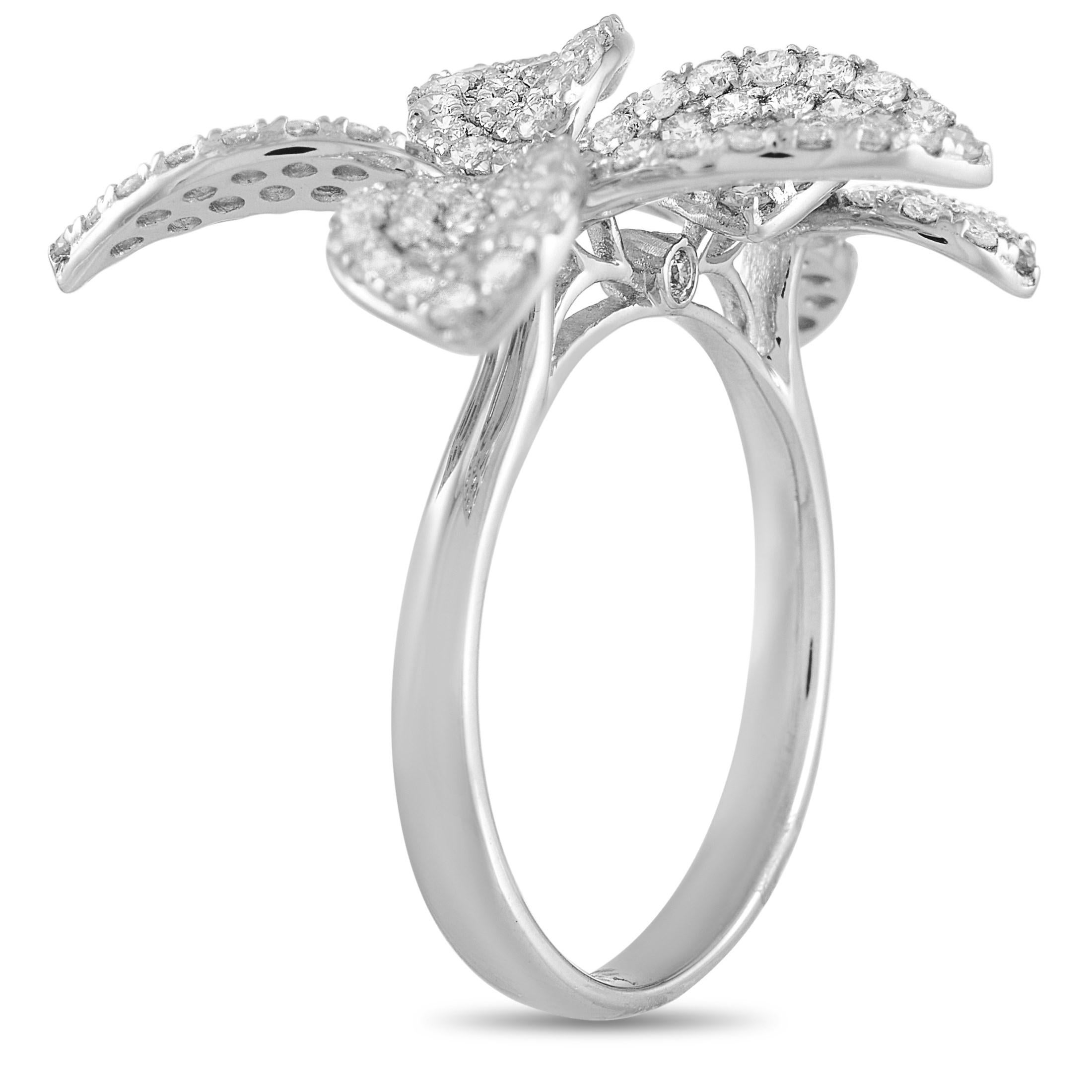 This LB exclusive ring is a lovely statement piece made with 18K White Gold and set with 1.45 carats of round cut diamonds throughout a floral design. The ring has a band thickness of 2 mm, a top height of 7 mm, and top dimensions of 22 by 30 mm.